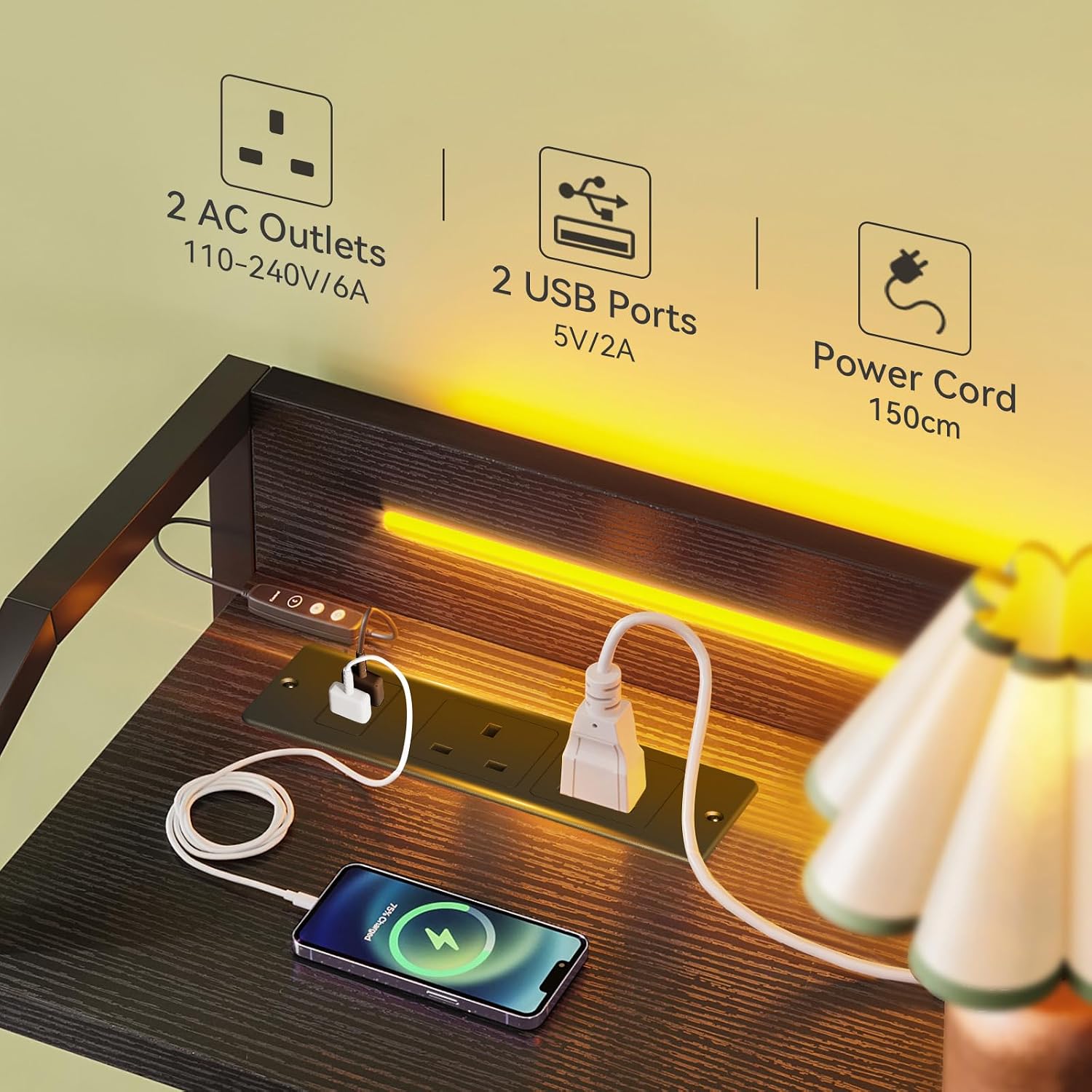 Thumbnail 3 de ODK Black Chest of Drawers Bedroom with LED Light, 8 Fabric Drawers and USB/AC Outlets