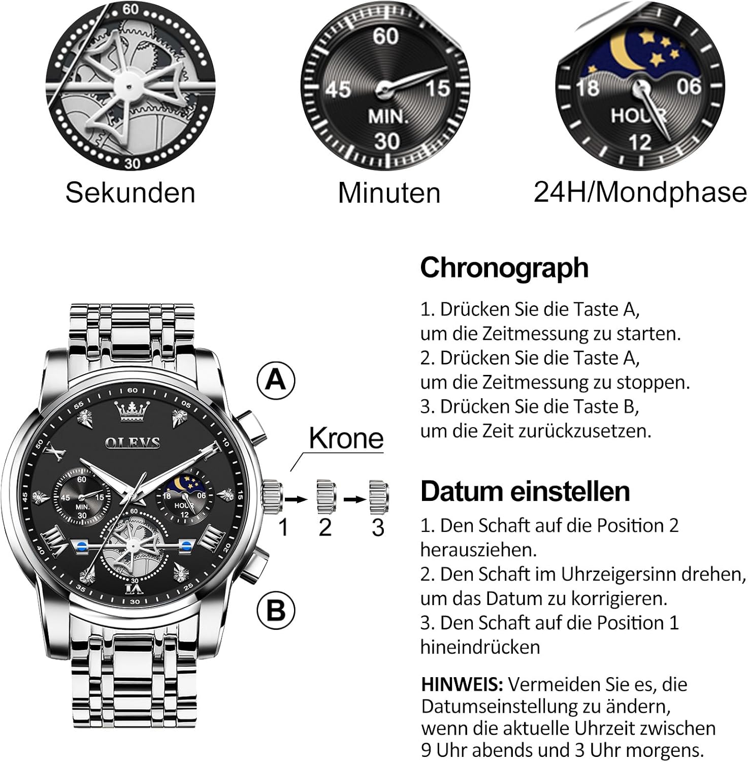 Thumbnail 4 de OLEVS Herren Chronograph Quarz-Uhr mit Analog-Anzeige, wasserdicht bis 30 m, leuchtenden Markierungen aus Edelstahl