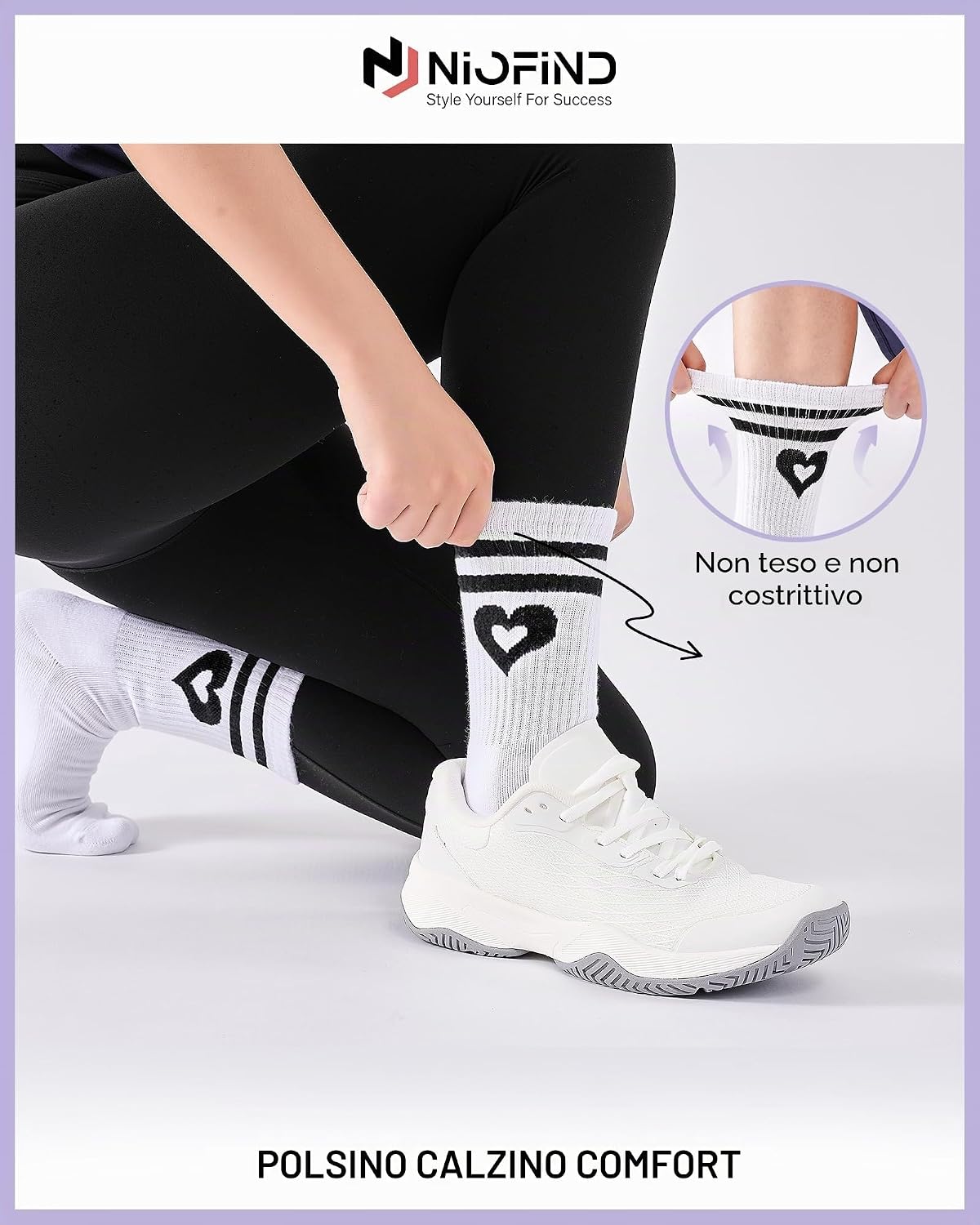 Detalle 2 de Niofind Calzini da tennis donna alti (3 paia) con cuore: comfort antivesciche per corsa e sport