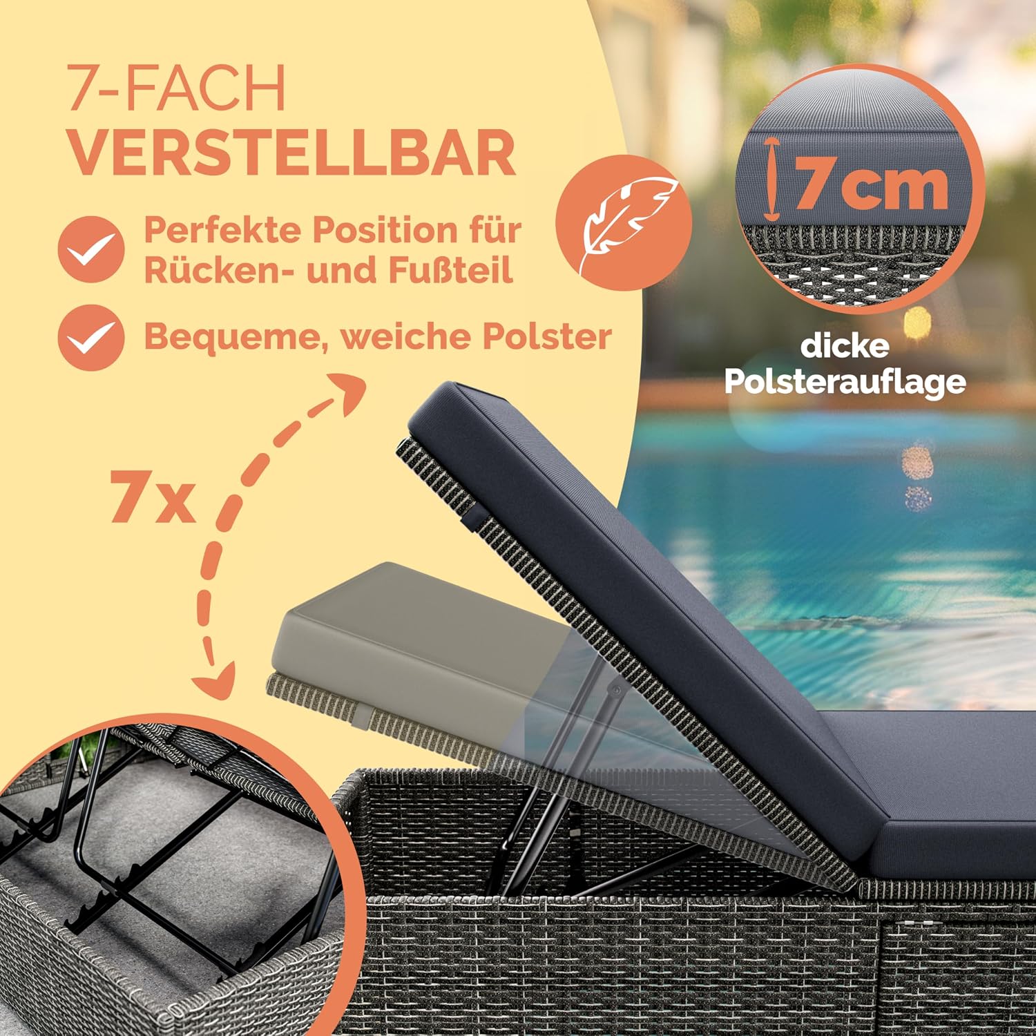 Detalle 2 de Casaria Sonnenliege mit Klapptisch – 200x58 cm, 7 cm Auflagen, wetterfest, bis 160 kg