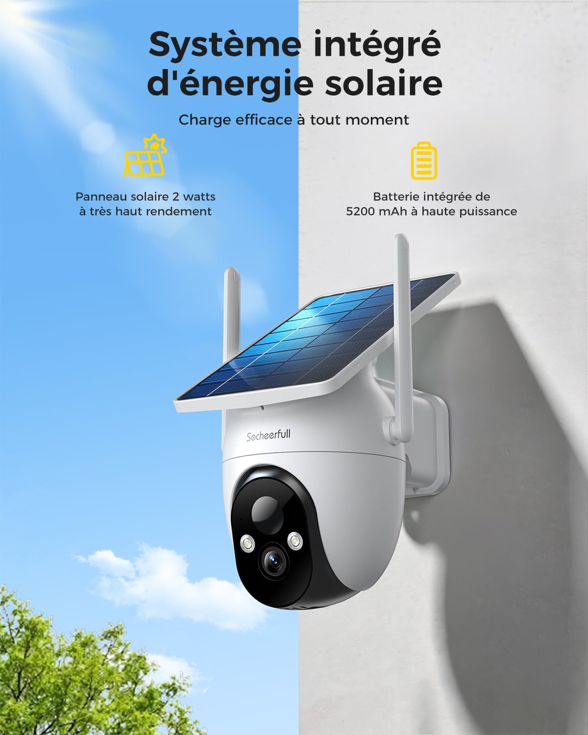 Detalle 2 de Socheerfull 2K Caméra de Surveillance Extérieure Sans Fil avec Panneau Solaire Intégré et PTZ 350°