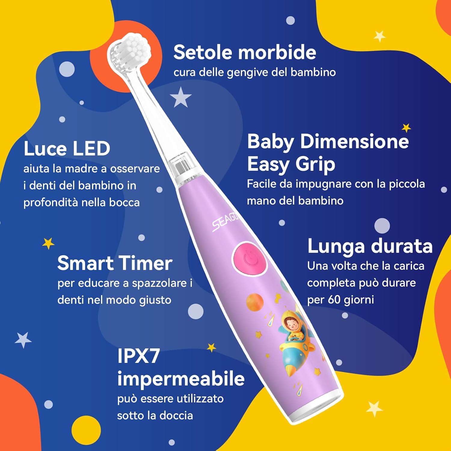 Thumbnail 2 de Seago spazzolino elettrico per bambini SG-2159 rosa con 8 testine morbide, LED colorati e timer 2 minuti