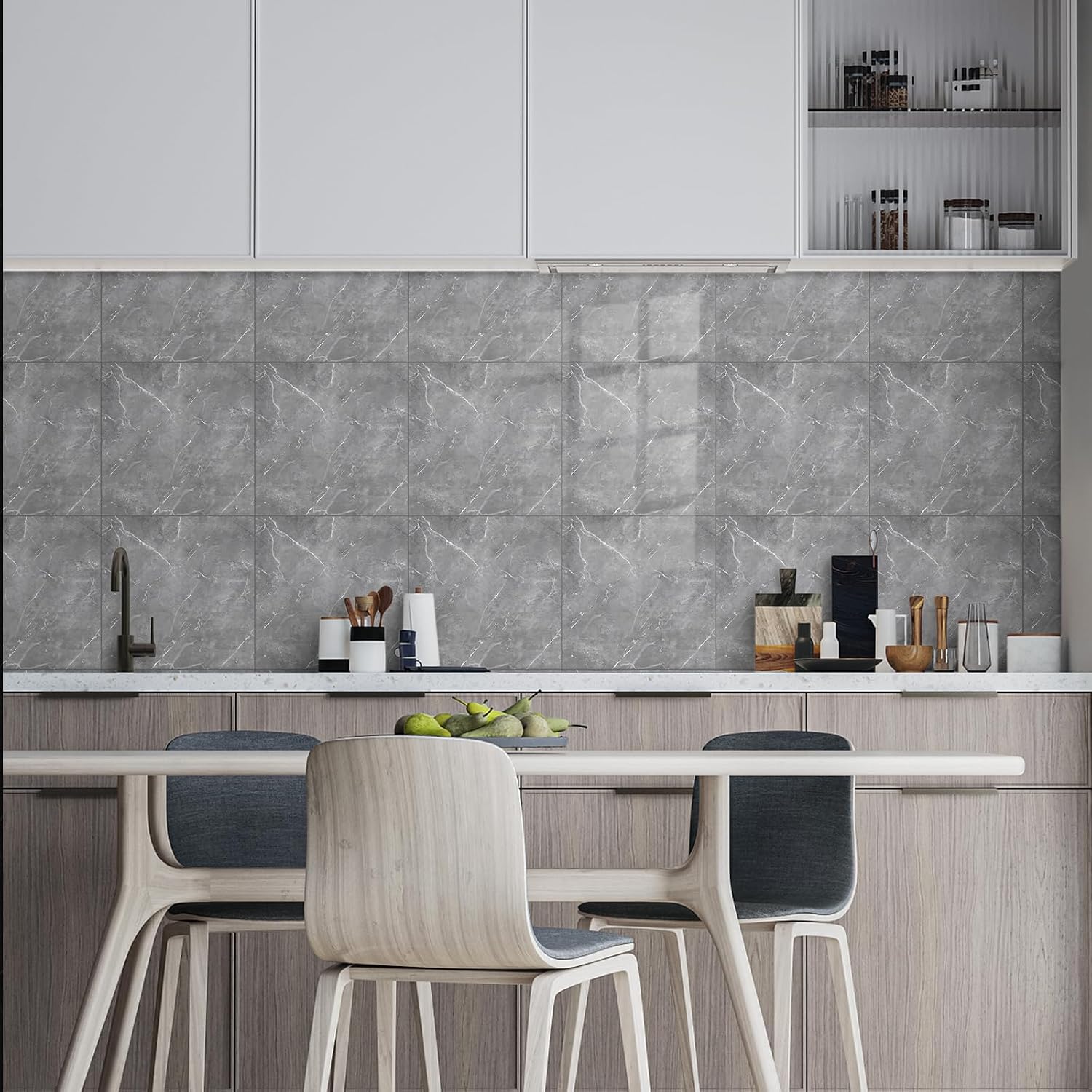 Thumbnail 6 de Fantasnight Marble Stick-on Tiles 30 x 30cm (24 pcs) – Grey PET peel and stick glossy wall tile stickers