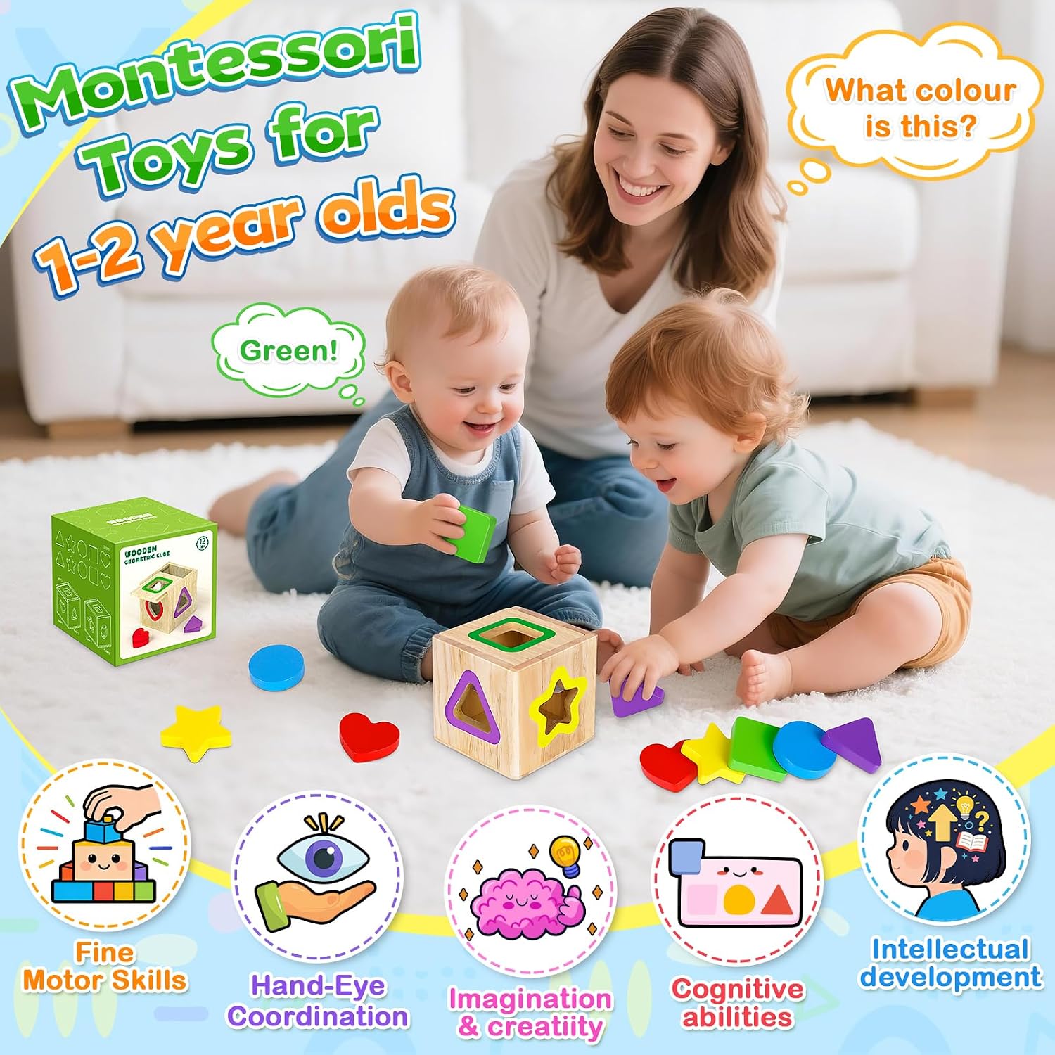 Detalle 2 de Toddler Montessori 2-in-1 Activity Cube: Shape Sorter & Colour Sorting Wooden Toys