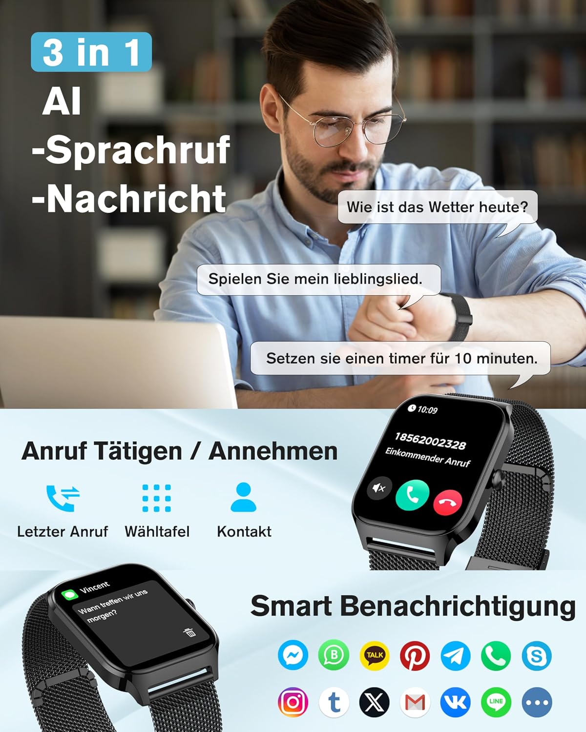 Detalle 2 de KALINCO Smartwatch für Herren & Damen mit Blutdruckmessung, Bluetooth-Telefonie und 100+ Sportmodi