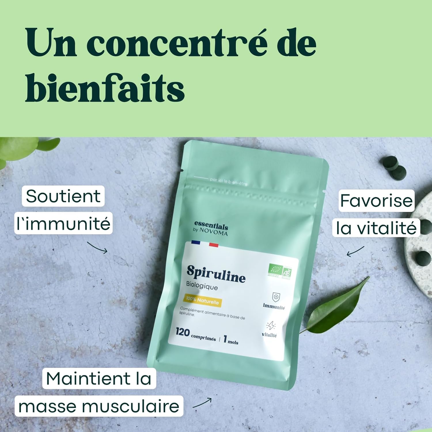 Thumbnail 1 de Spiruline Bio 500 mg Pure et Naturelle (cure 1 mois, 120 comprimés vegan)