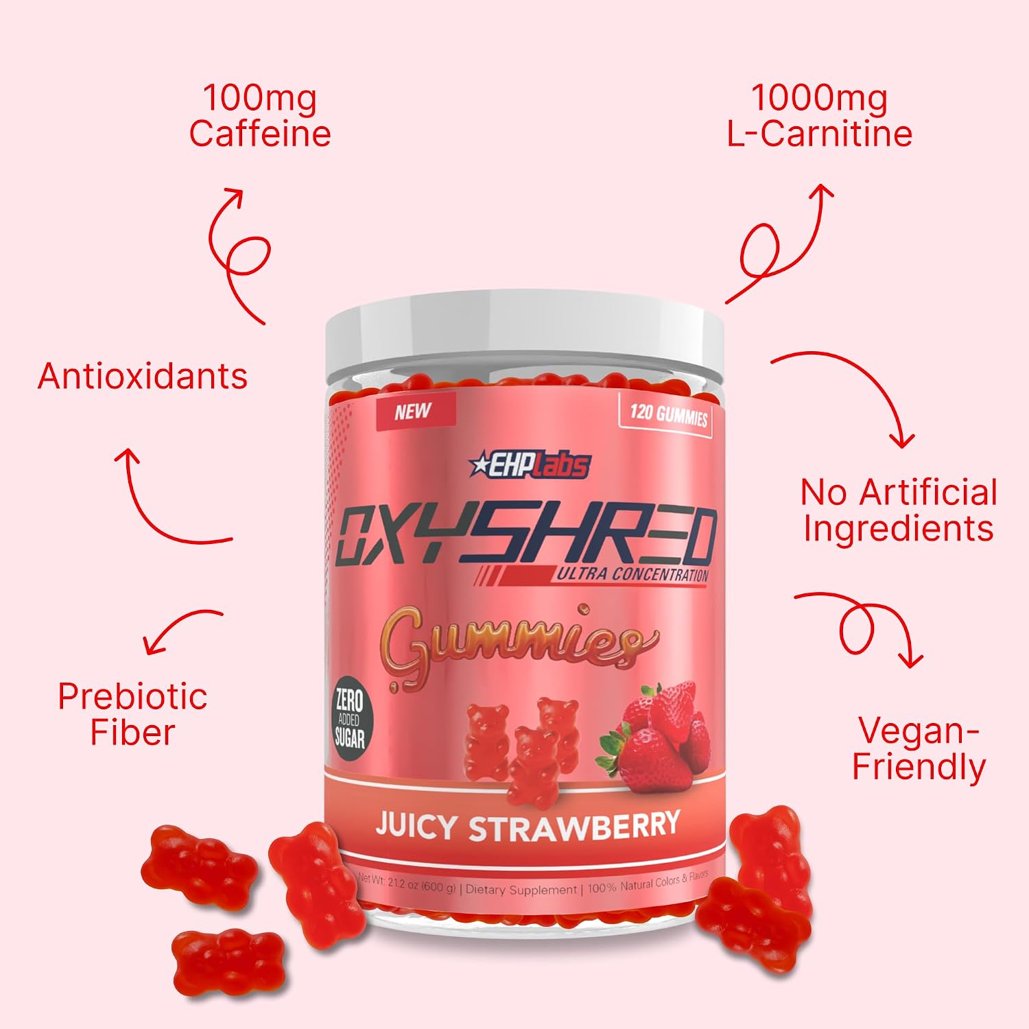 Detalle de EHP Labs OxyShred Pre-Workout Energy Gummies, Strawberry, 100mg Caffeine