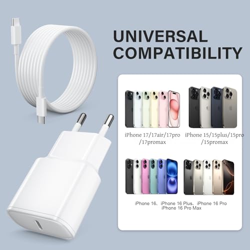 Detalle de SFVest Cargador USB-C de 25W con cable USB-C a USB-C de 2 m para iPhone 17/16/15