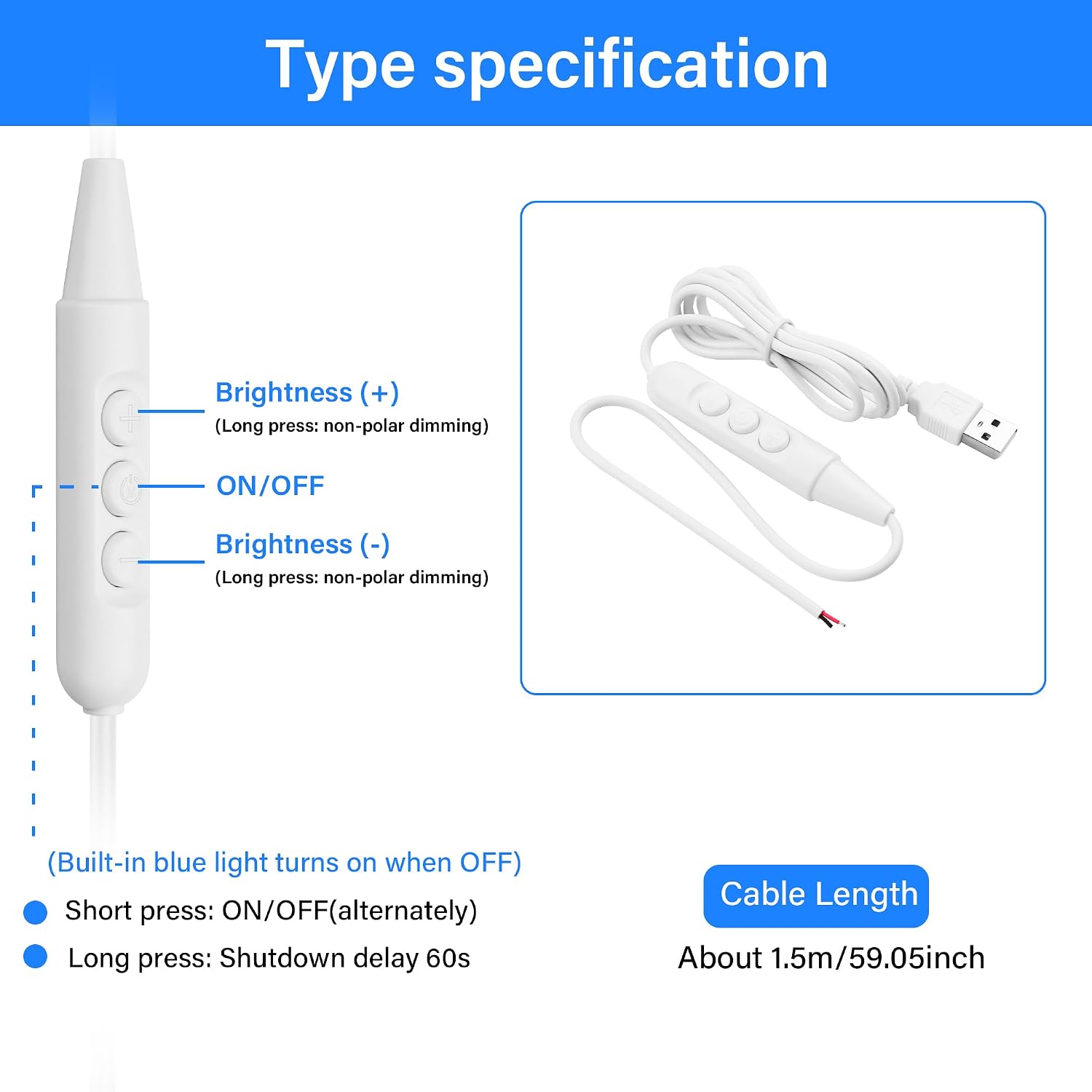 Thumbnail 1 de SinLoon USB 2.0 6-Speed Dimmer Switch Cable with USB A Socket and Stripped Ends (1.5m) – 5 Pack