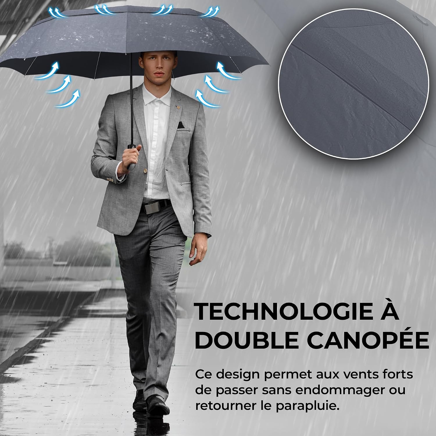 Detalle de Parapluie Pliant Compact Automatique (ouverture/fermeture bouton) noir – Résistant au vent, étanche
