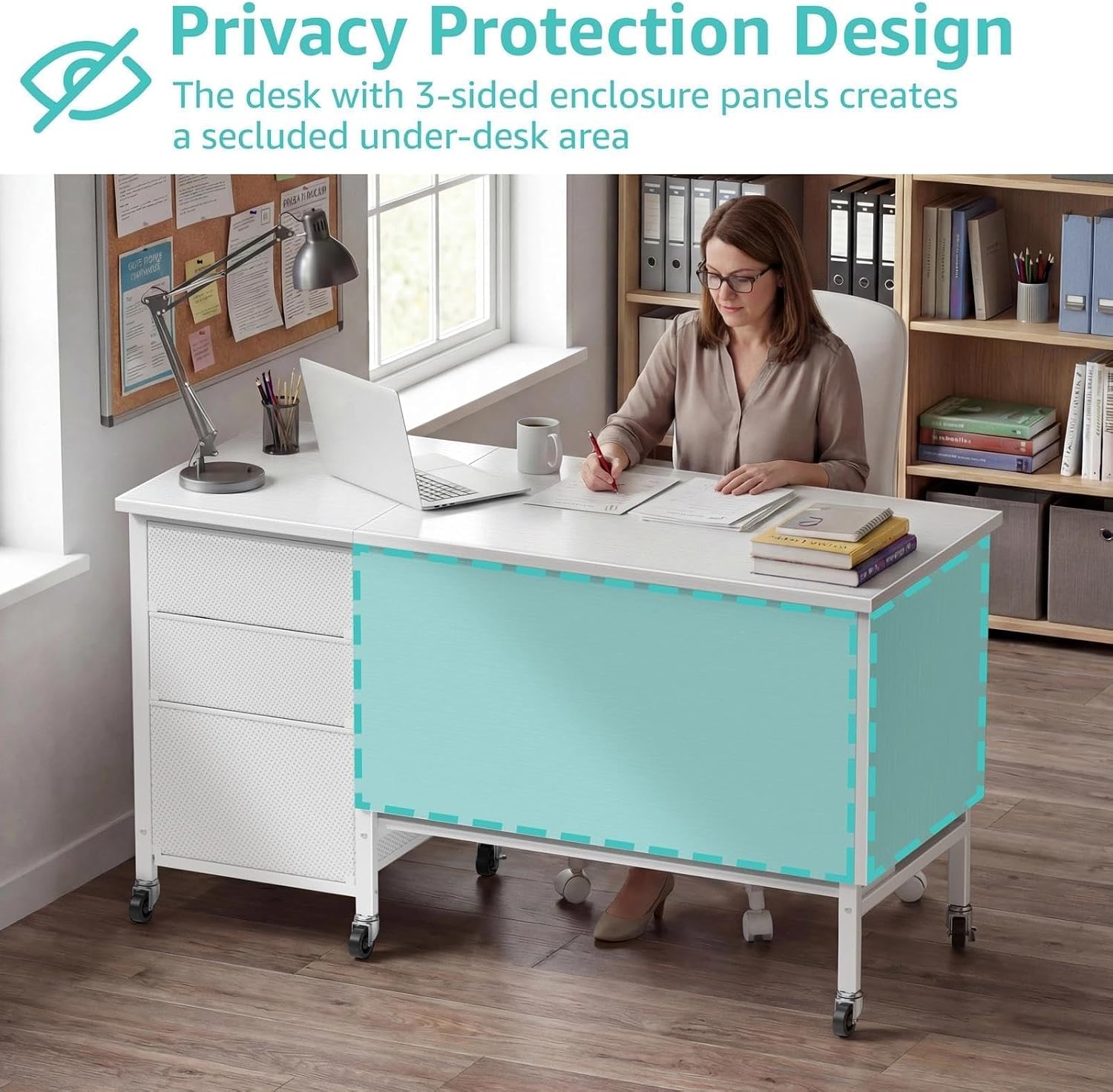 Detalle 2 de WINAZ WIN-RTD47-WT Rolling Teacher Desk, 3 Drawers, Privacy Panels