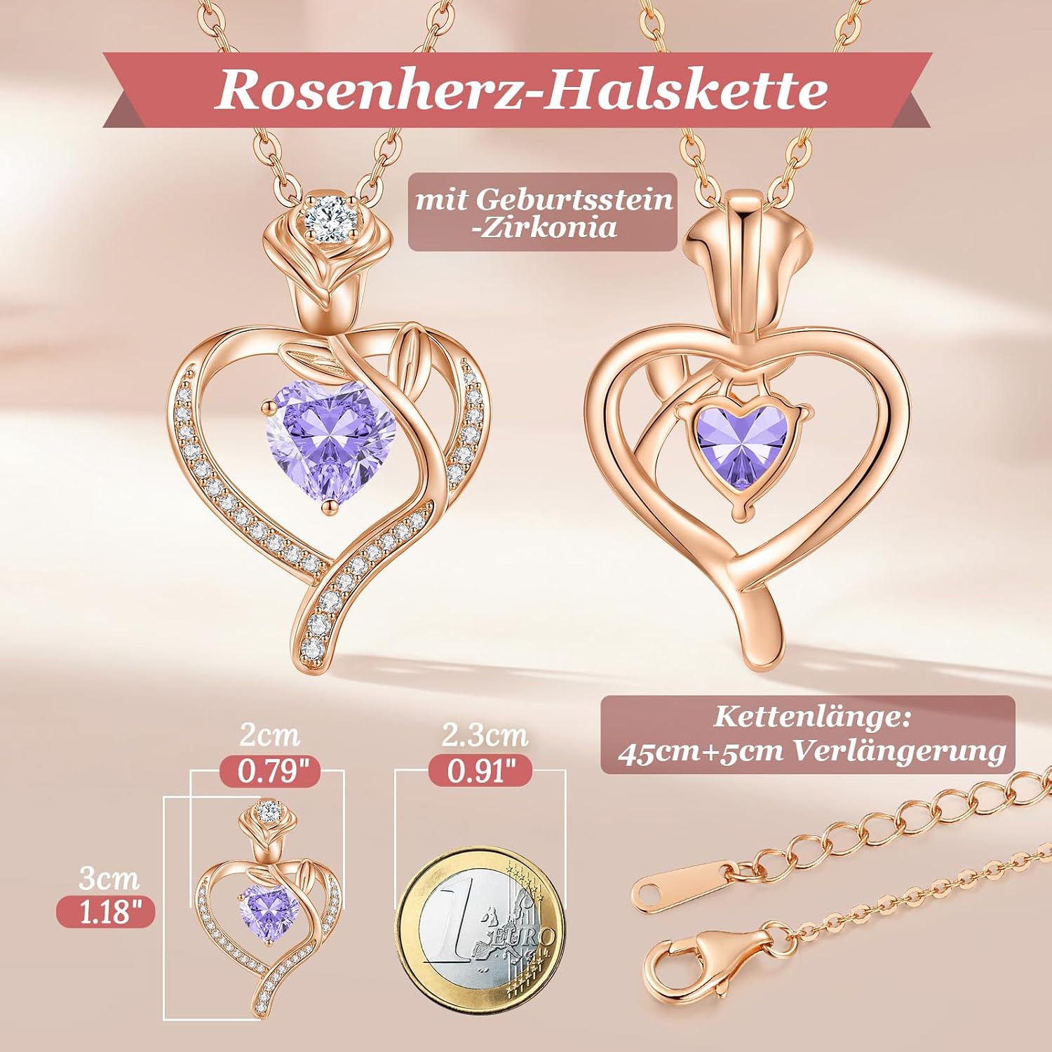 Thumbnail 3 de Collana Donna Cuore Regalo Gioielli con Pietra Natale in Oro Rosa S925 Placcato e Zirconia 5A
