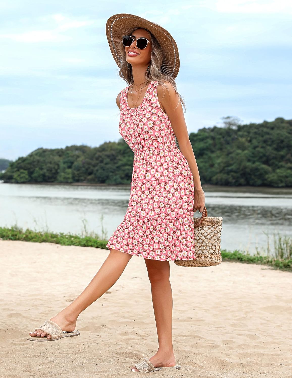 Detalle de Hotouch Robe Femme Été sans Manches — Robe Décontractée à Fleurs avec Poches, Mi-longue