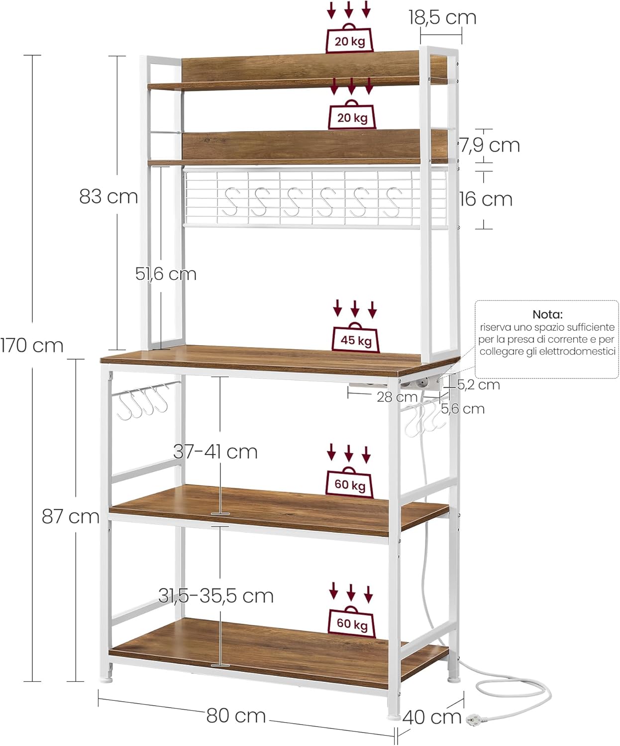 Detalle de VASAGLE Scaffale Cucina con Multipresa KKS025W41EU: versatilità salvaspazio con piano regolabile