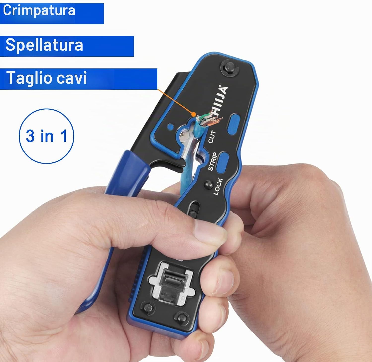 Detalle de Hiija pinza crimpatrice RJ45 passante 8P8C + kit per cavi LAN (Cat5, Cat5e, Cat6) con 50 connettori RJ45, coperture e tester