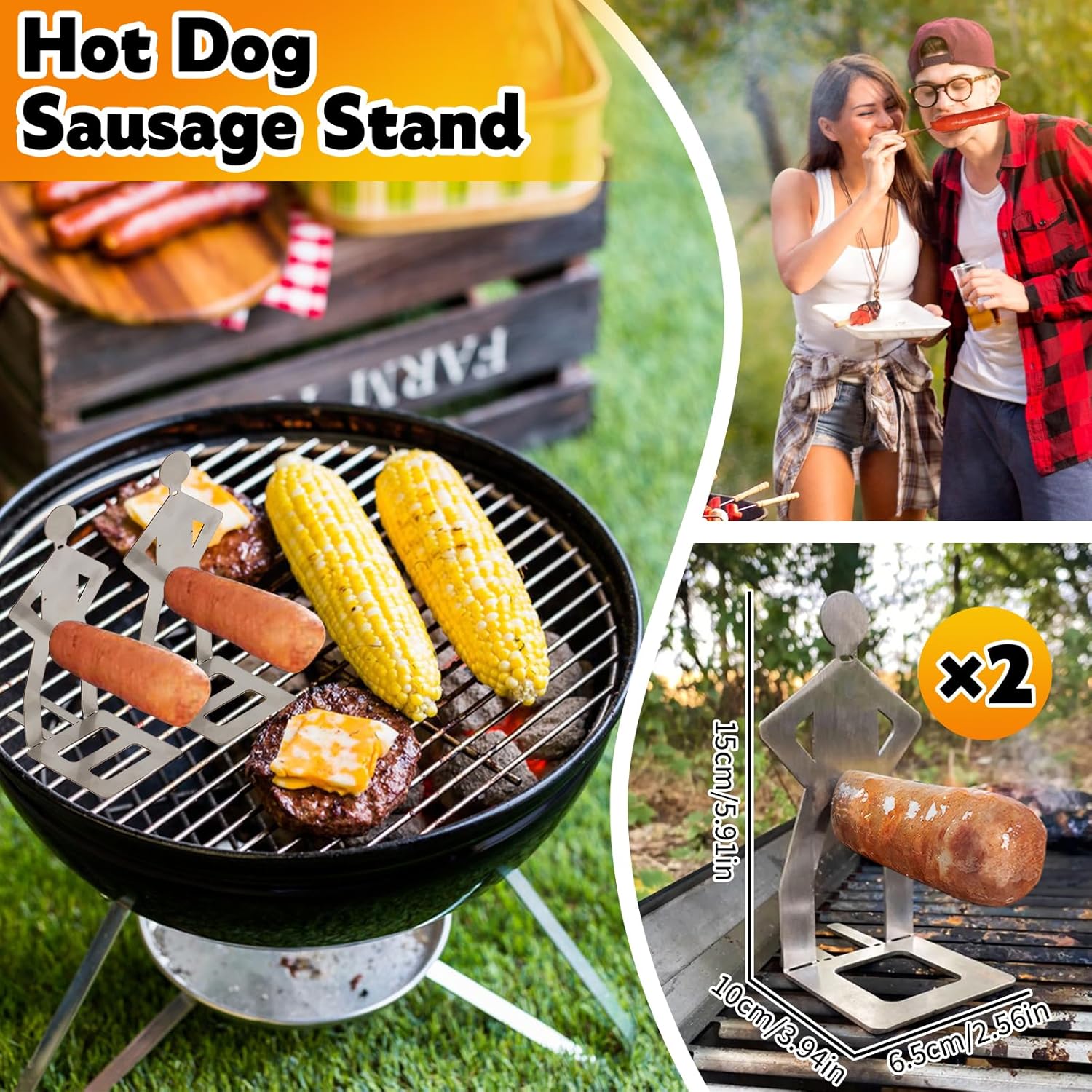 Detalle de 3 strumenti divertenti per barbecue: forchetta, supporto per salsicce in acciaio inossidabile e accessori per grigliare all'aperto