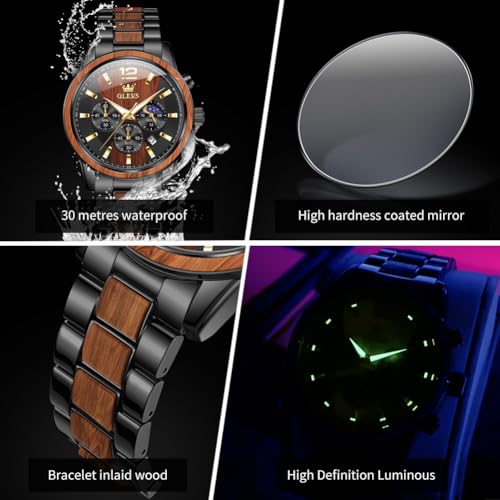 Detalle de OLEVS Montre chronographe Homme à Quartz Japonais – Bracelet Bois Massif ou Acier Inoxydable, 30 m – Bois de Santal Rouge 3645