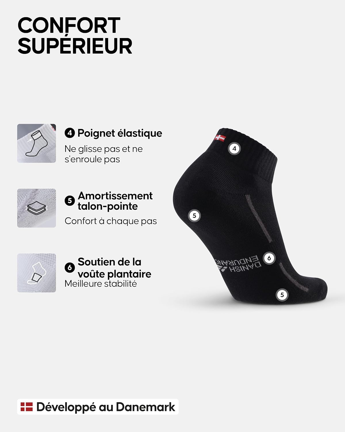 Thumbnail 3 de DANISH ENDURANCE Chaussettes de sport en coton bio (lot de 3 ou 6) pour hommes & femmes unisexes