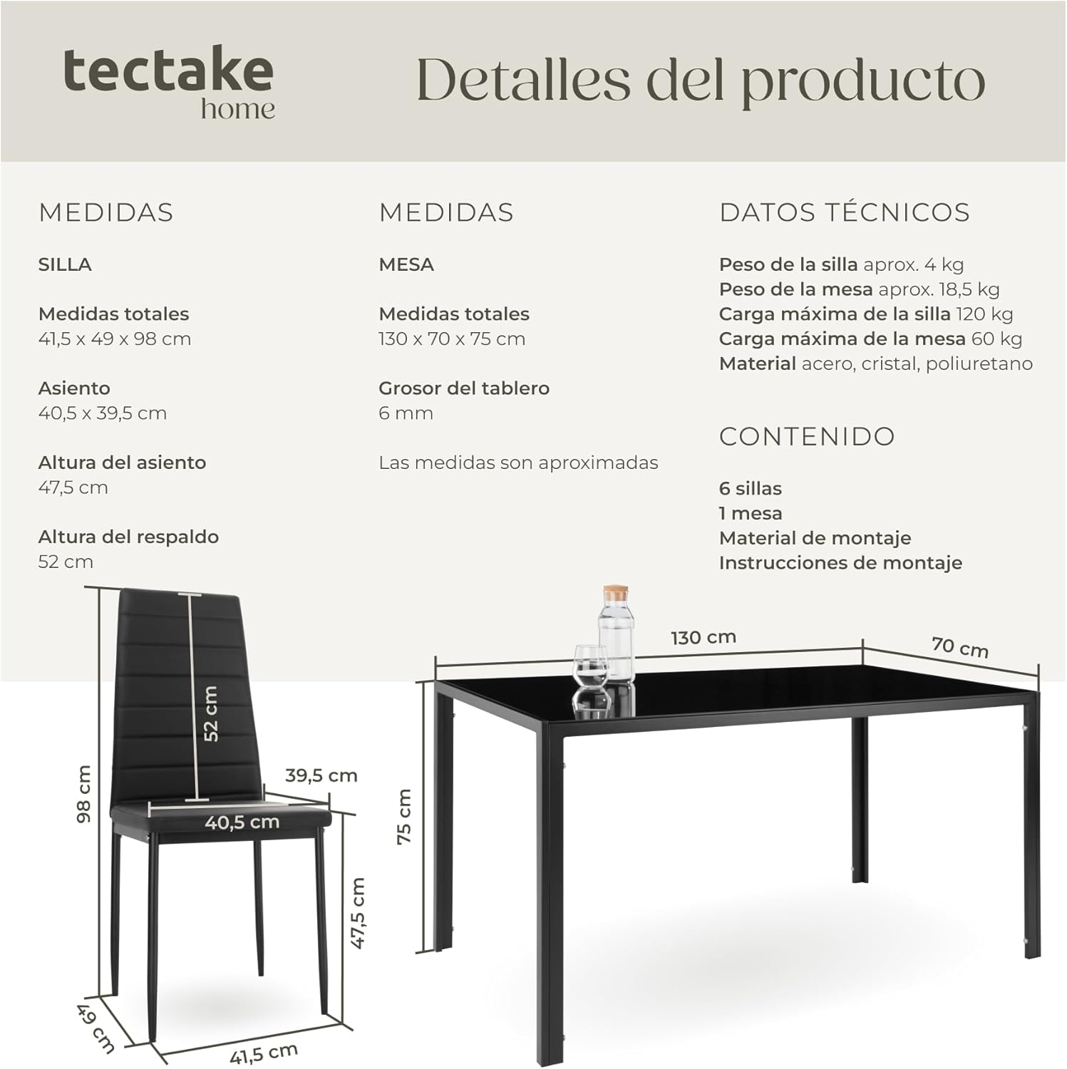 Thumbnail 6 de tectake® Conjunto mesa y 6 sillas vidrio negro