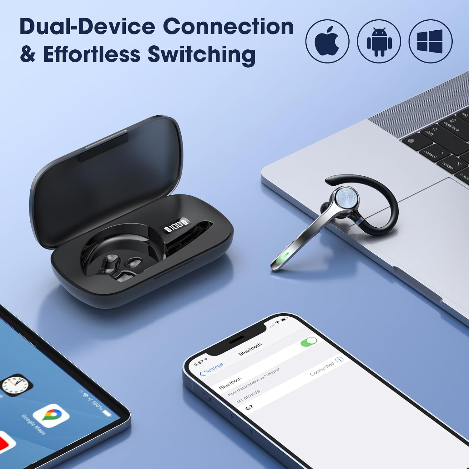 Detalle 2 de Ngsod Bluetooth Headset with Mic, Wireless Earpiece Noise Canceling, 500mAh Charging Case (72H Talking Time Support)