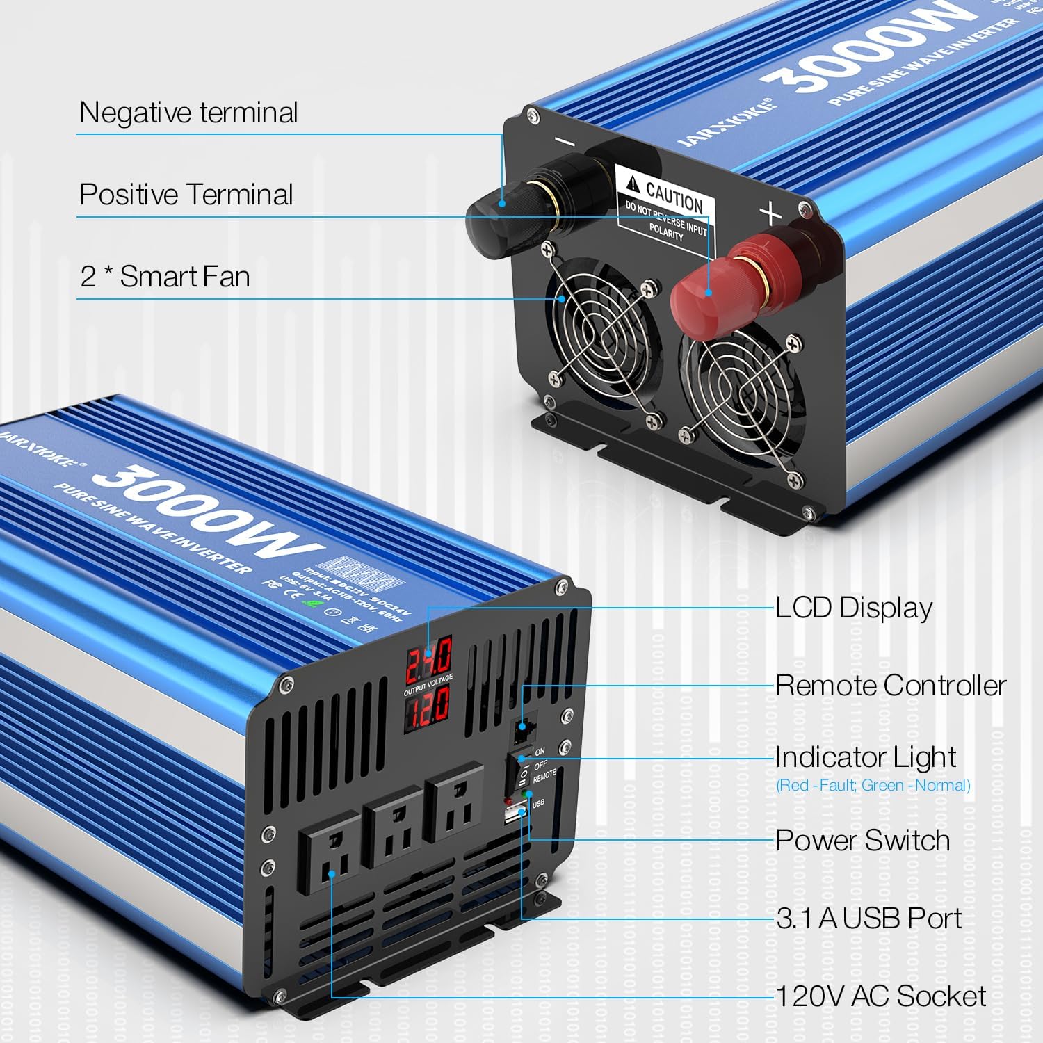 Thumbnail 6 de 3000 Watt Pure Sine Wave Inverter (24V DC to 110/120V) with 3 Outlets, USB, LCD and Remote