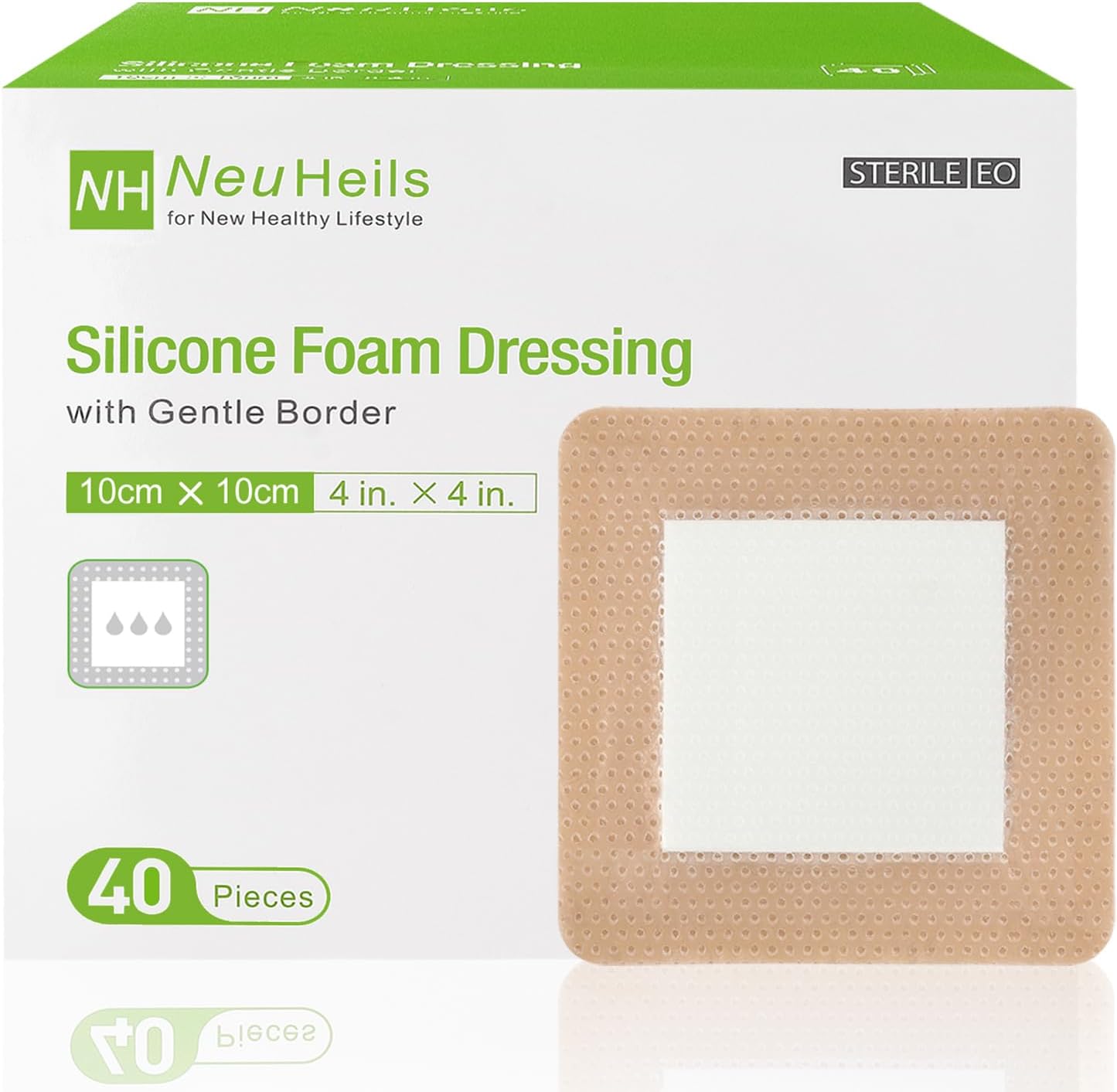 Detalle de NEUHEILS 4x4 Silicone Foam Dressing with Border, 40-Pack