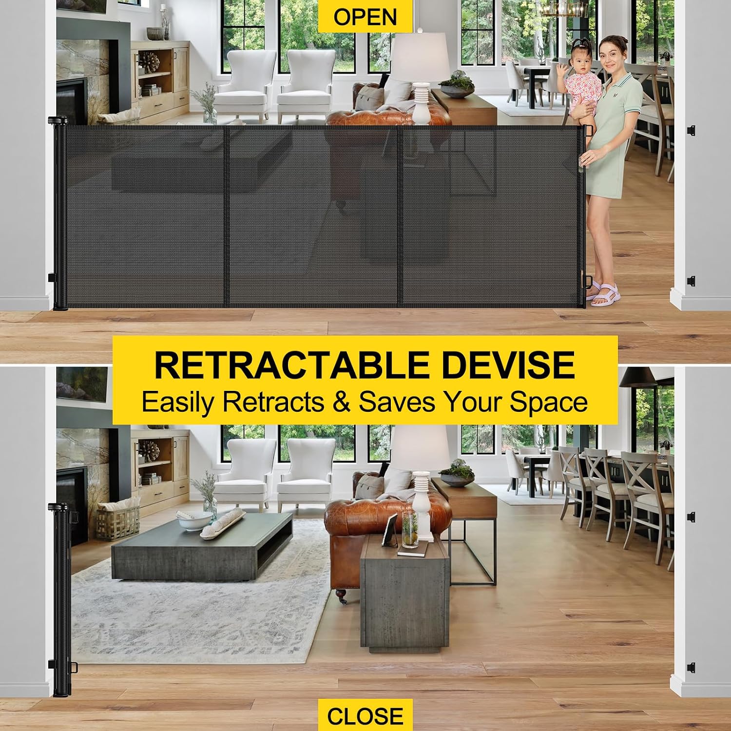 Detalle de Bingguz 42-Inch x 200-Inch Retractable Baby Gate with Reinforced Support Rods