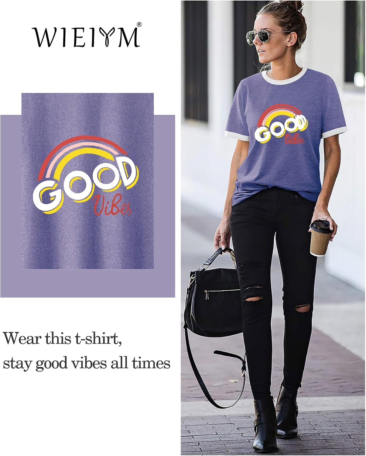 Detalle de WIEIYM Good Vibes T-shirt, Rainbow S-XXL