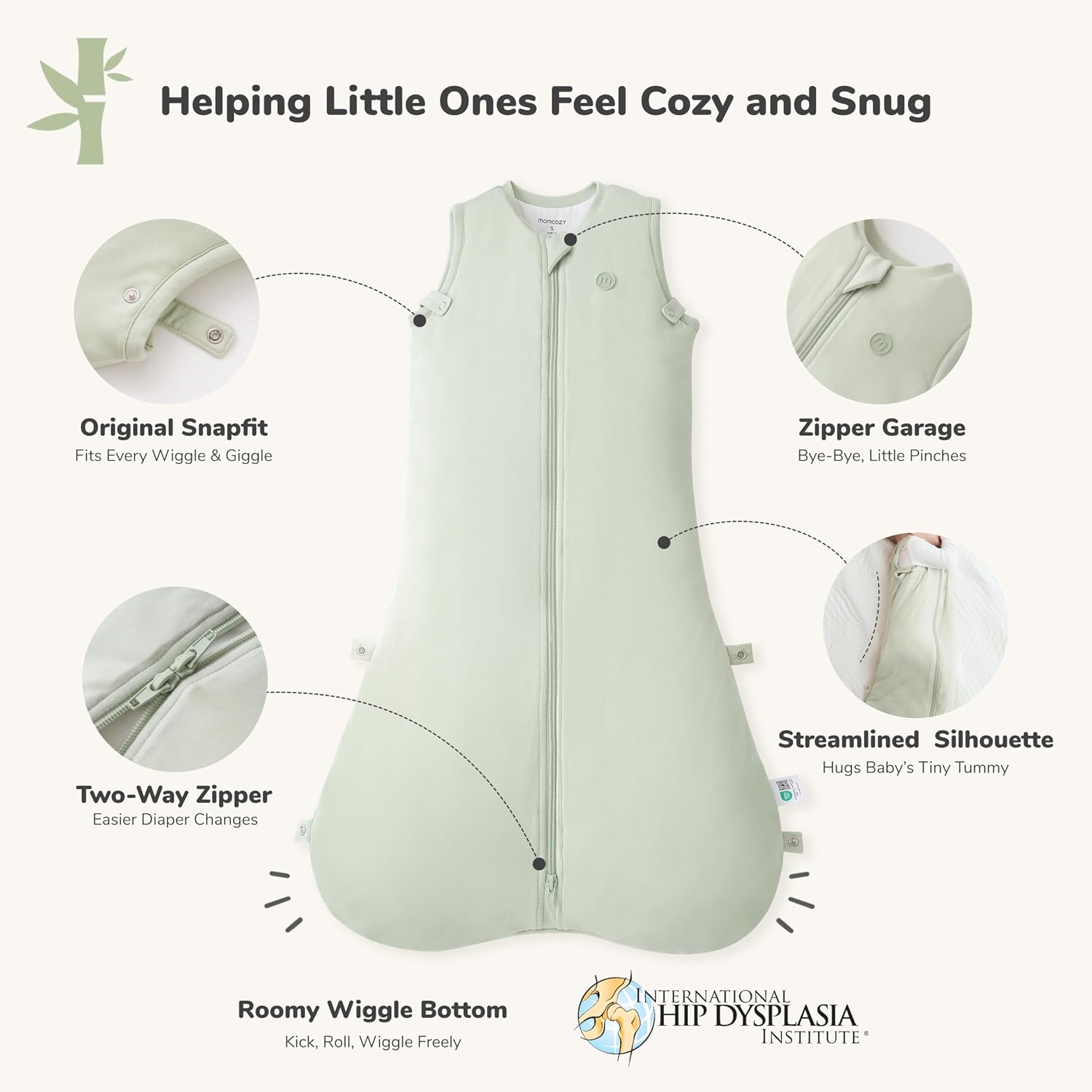 Detalle 2 de momcozy Baby Sleeping Bag 0–6 Months 1.5 TOG Bamboo Green (Snap-fit, Two-Way Zip) – S