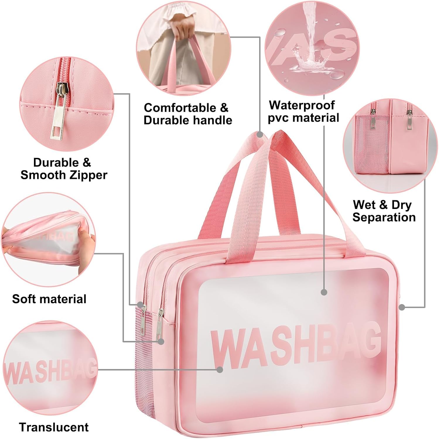 Thumbnail 3 de Clear Toiletry Bag Wet & Dry Separation PVC Makeup Cosmetic Bag (Large Capacity) – Pink