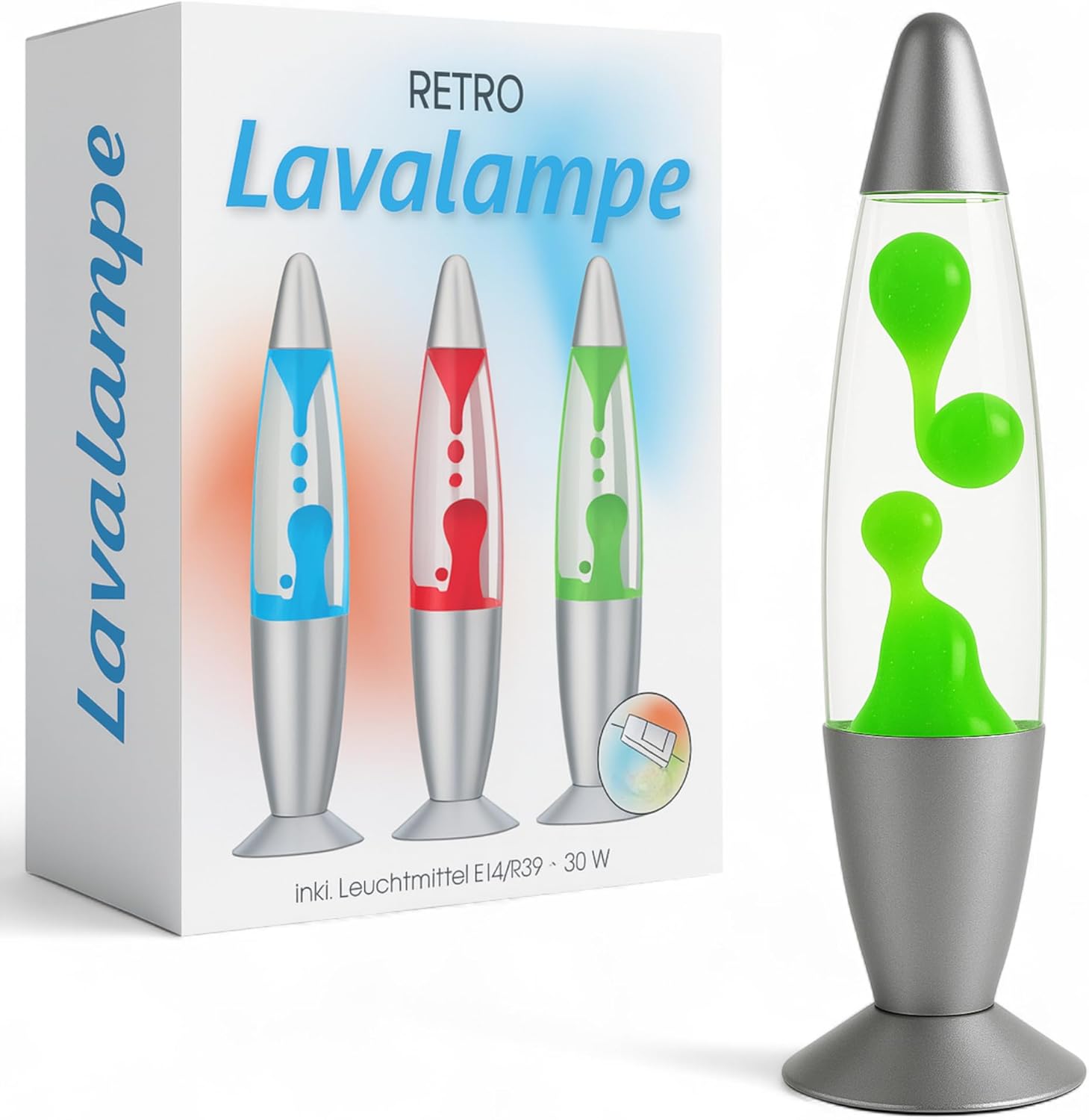 Detalle de MIJOMA Retro Lavalampe 30 cm – Glas & Aluminium mit silbernem Fuß, Grün