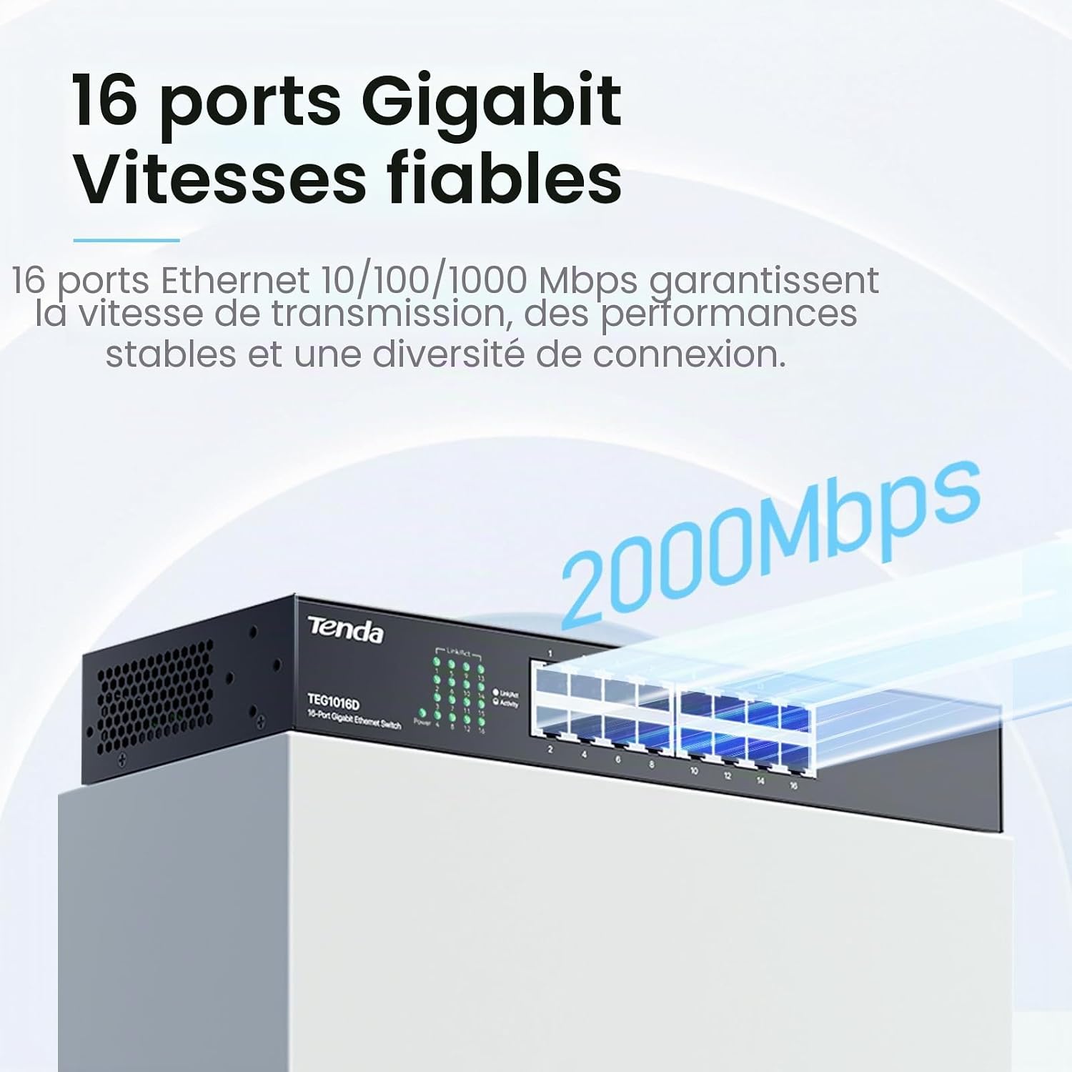 Detalle de Tenda TEG1016D : Switch Ethernet 16 Ports Gigabit, acier, Plug & Play pour bureau ou petit entreprises