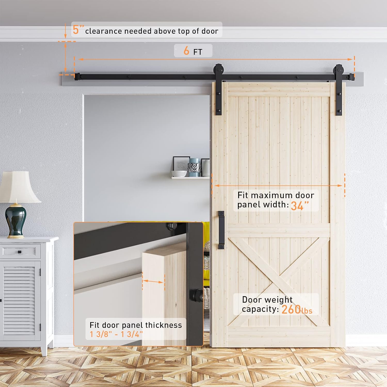 Detalle de Signstek 6FT Barn Door Hardware Kit, I-Shape Track, Black, 260 lb Capacity