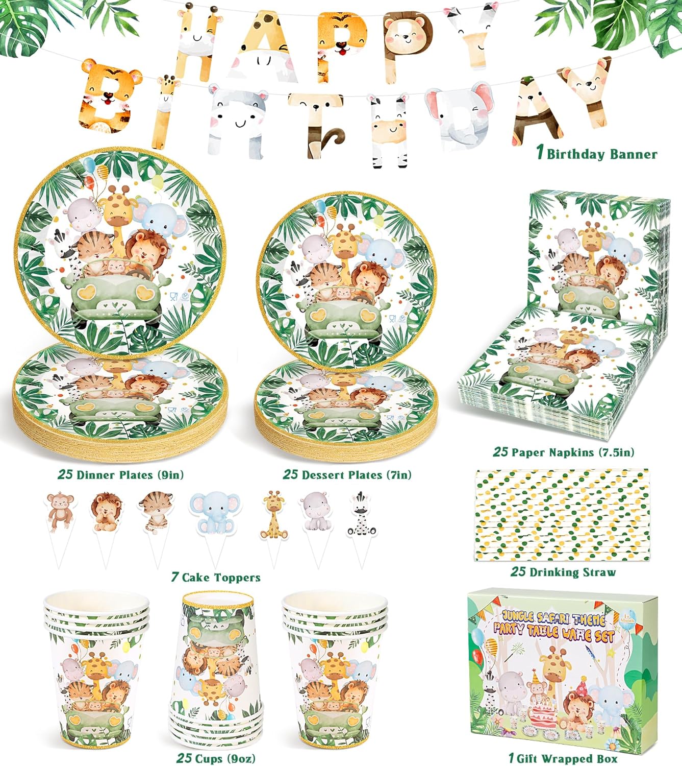 Thumbnail 3 de Ophy Set stoviglie per feste Jungle Safari, 134 pezzi con striscione e decorazioni per bambini