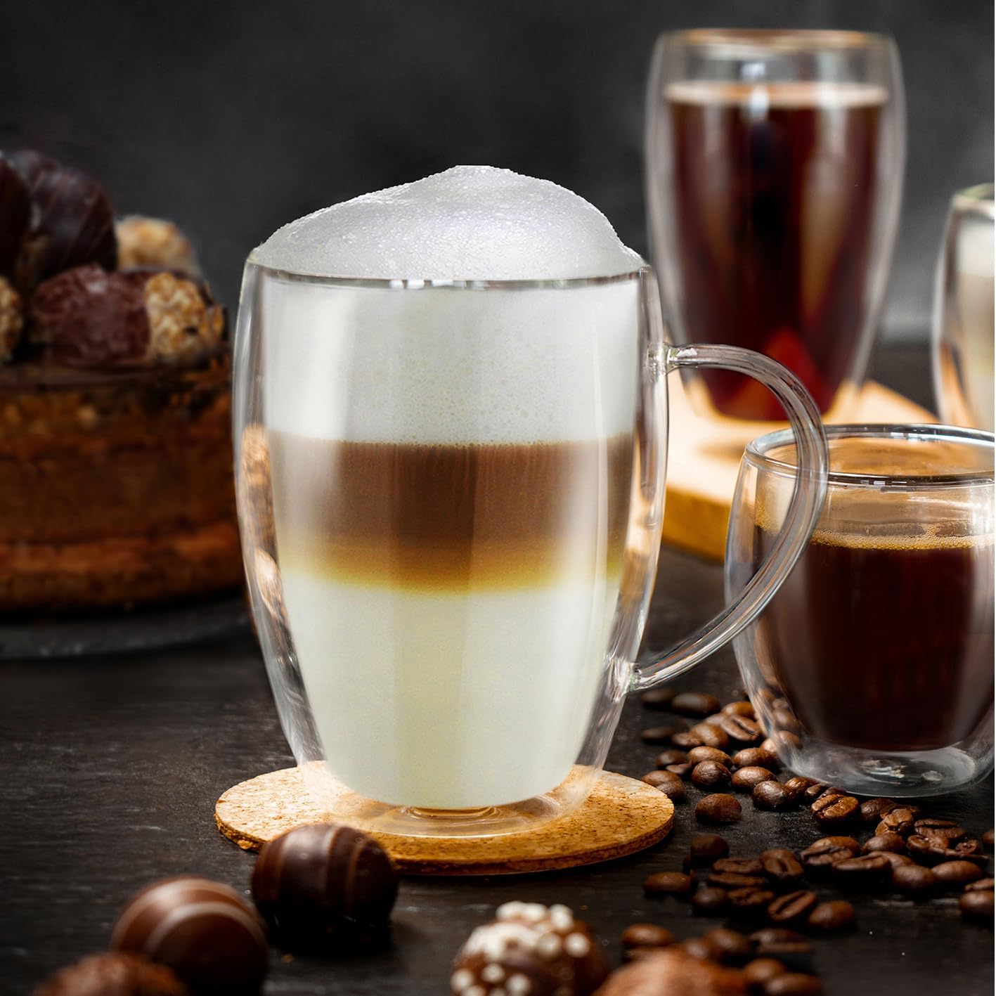 Detalle 2 de Creano 411 dubbelwandige glazen met oor, 400 ml, borosilicaatglas, set van 6