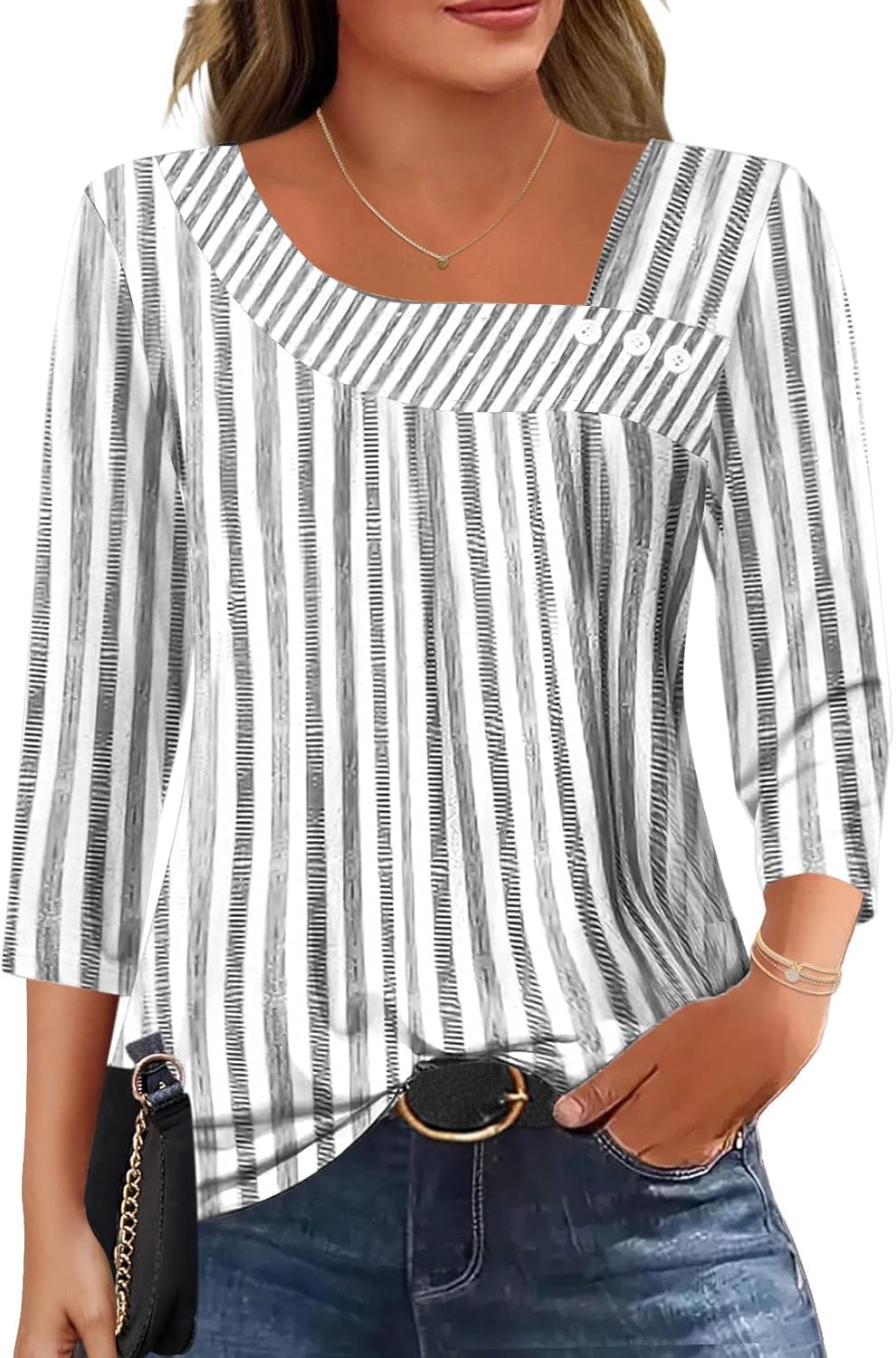 Detalle de Kistore Damen Bluse 3/4 Arm – Asymmetrischer Ausschnitt, Knopf-Detail, Tunika Sommer Tops