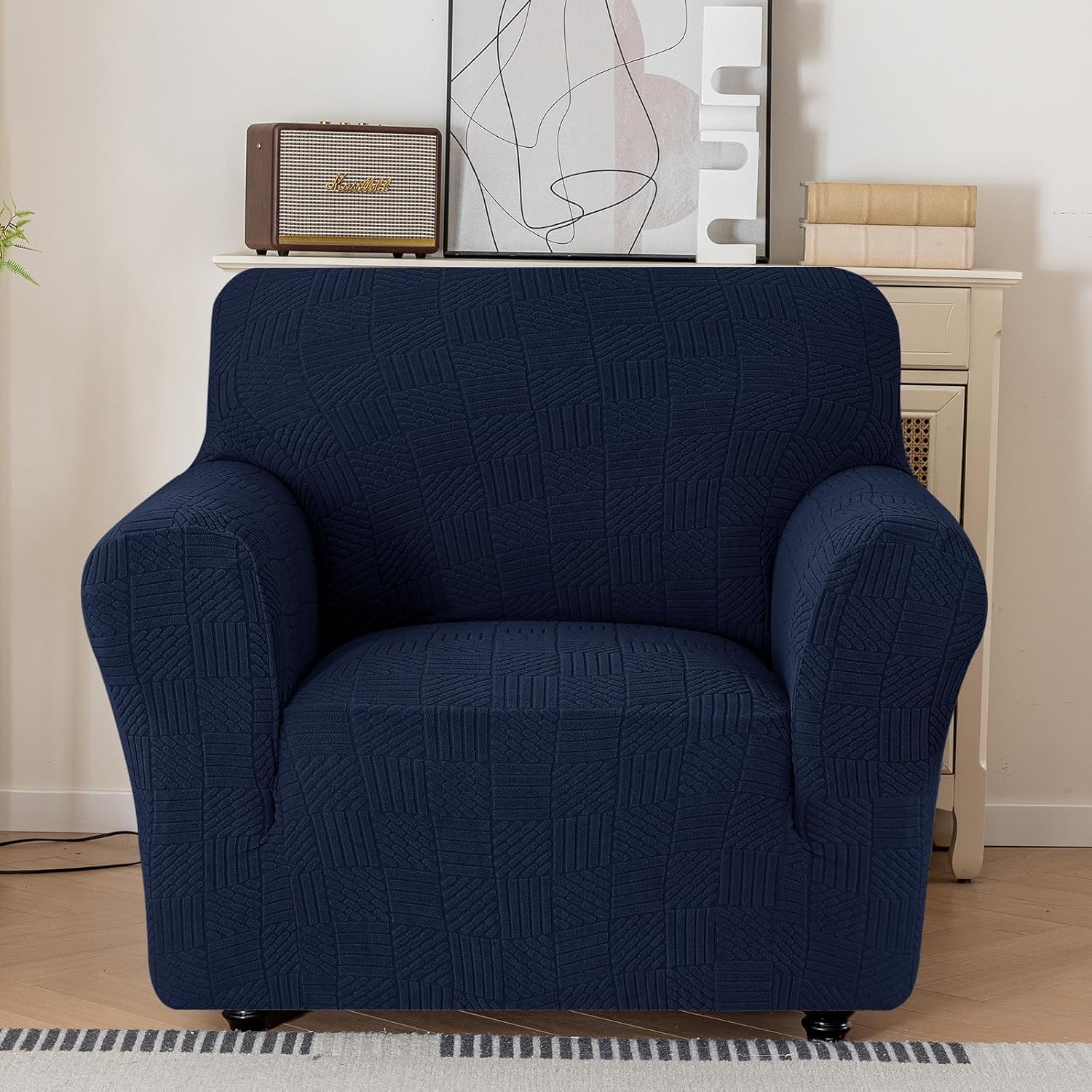 Detalle de Ystyle housse de canapé extensible 4 places (231–279 cm) avec accoudoirs, bleu foncé, antidérapante et lavable