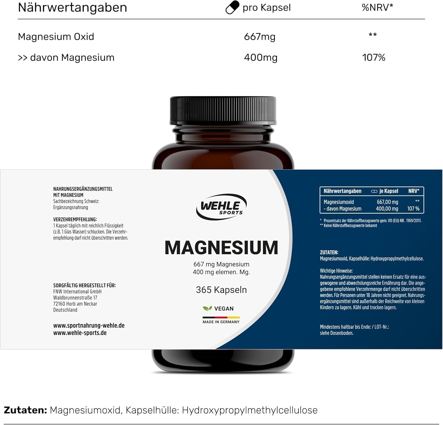 Thumbnail 4 de Wehle Sports Magnesium 400mg Kapseln hochdosiert