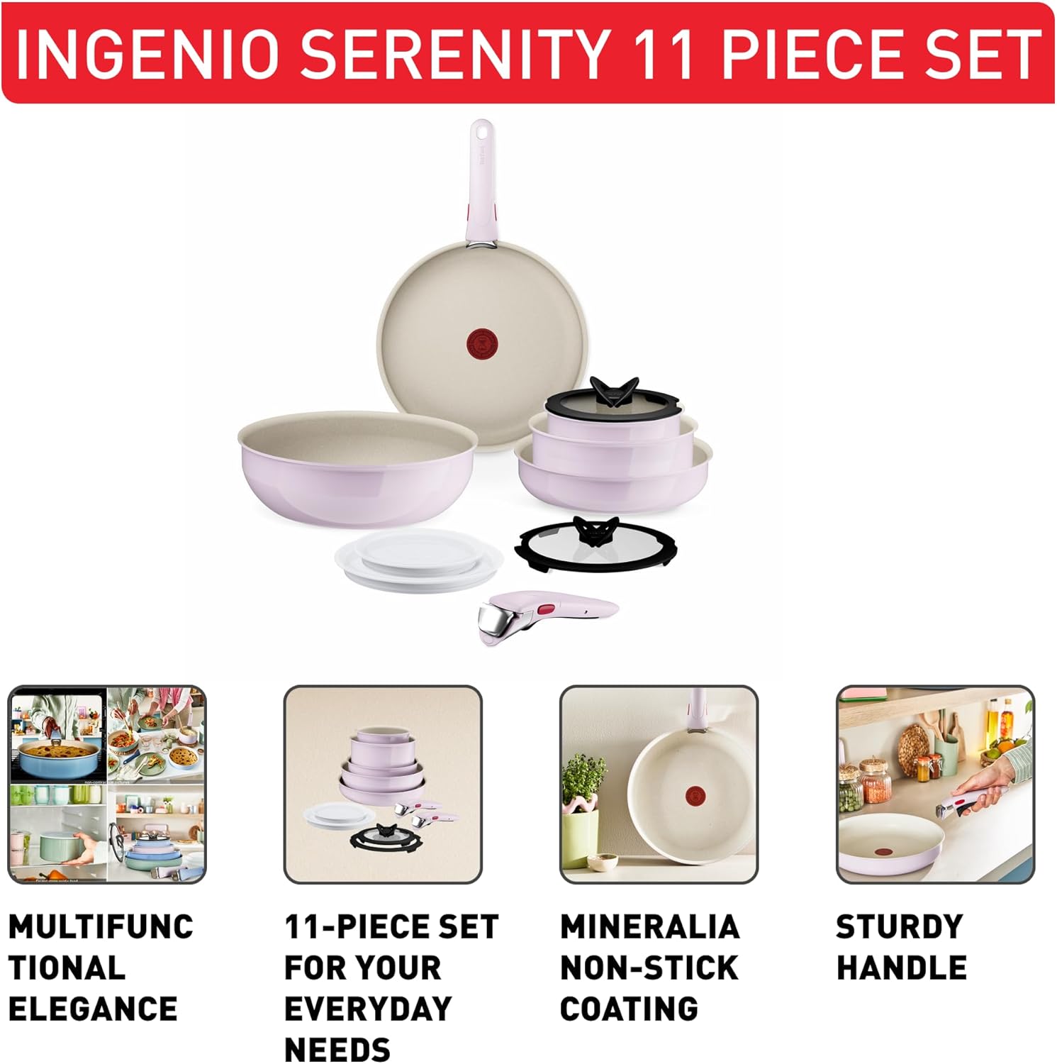 Thumbnail 2 de Tefal Ingenio Serenity 11-Piece Cookware Set (L830SB04) in Pink Clay – induction, stackable non-stick