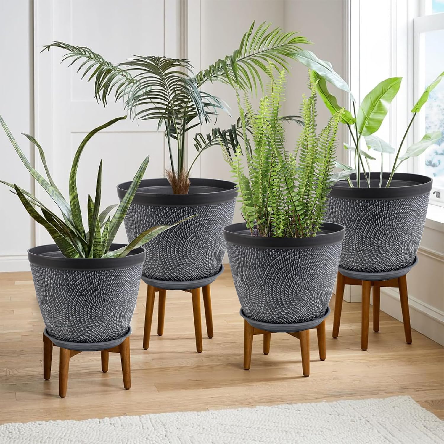 Detalle de Quarut 12-Inch Plant Pots, 4-Pack with Drainage Holes and Saucers, Gray