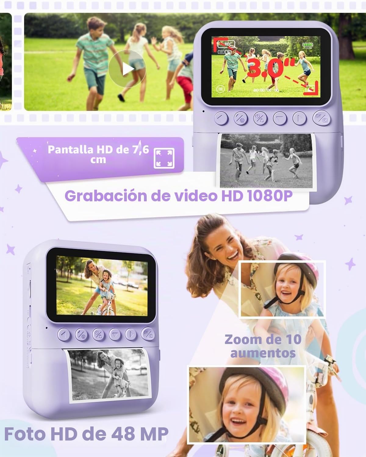 Thumbnail 6 de Cámara instantánea infantil TIATUA (3,0'' HD, 48 MP) con impresión sin tinta y tarjeta de 32 GB, morado