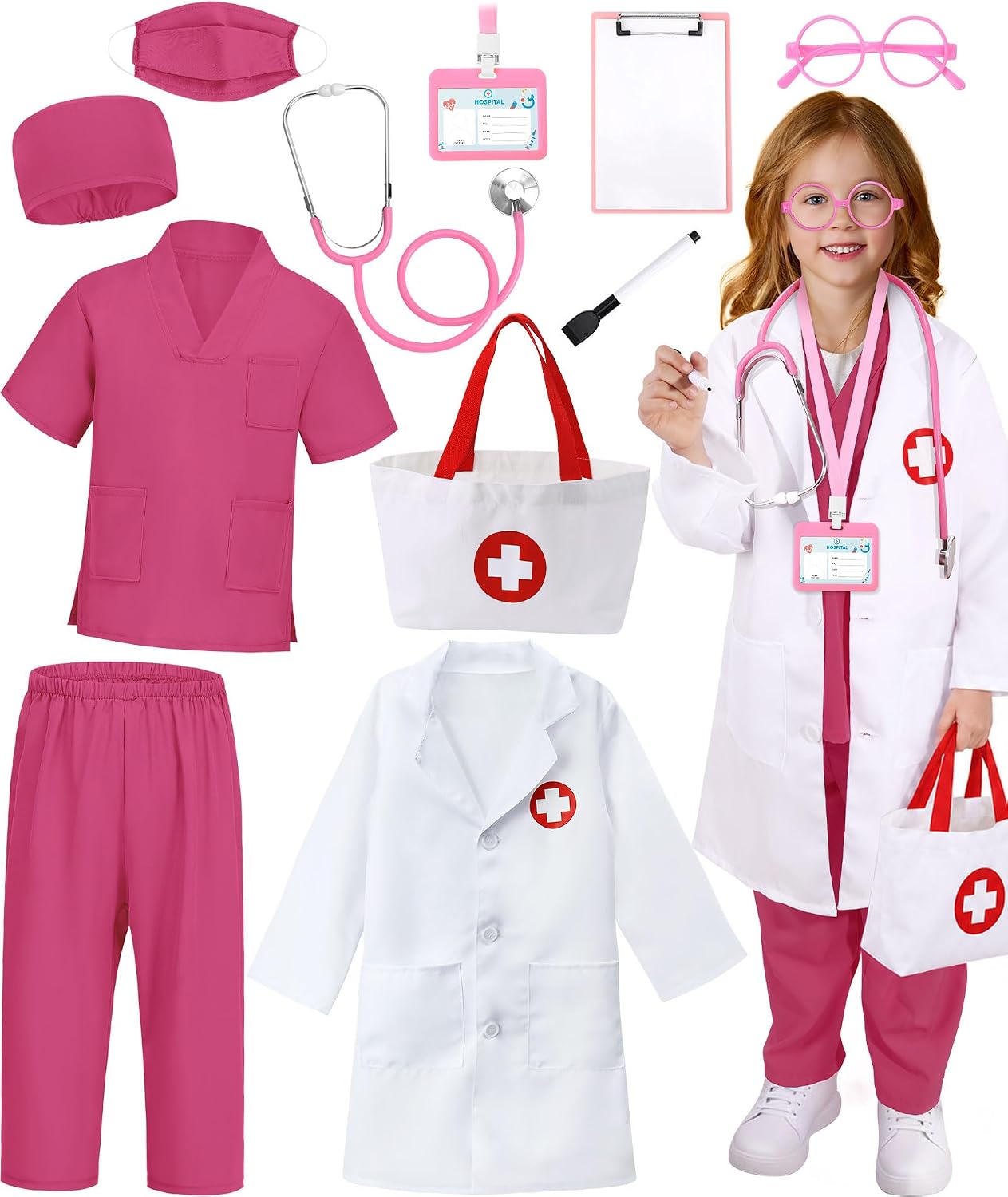 Detalle de Wuclad 12-Piece Kids' Doctor Costume with Scrubs, Lab Coat and Stethoscope