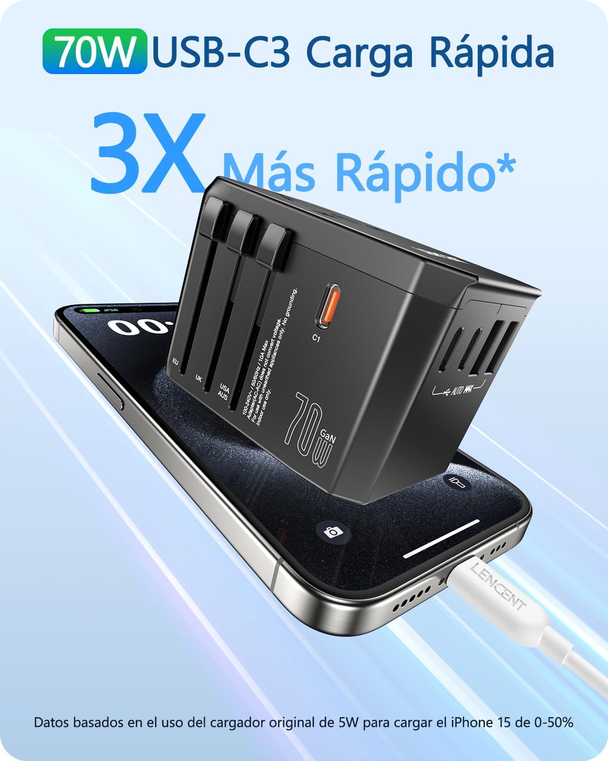 Detalle de LENCENT Adaptador Enchufe Universal GAN 70W