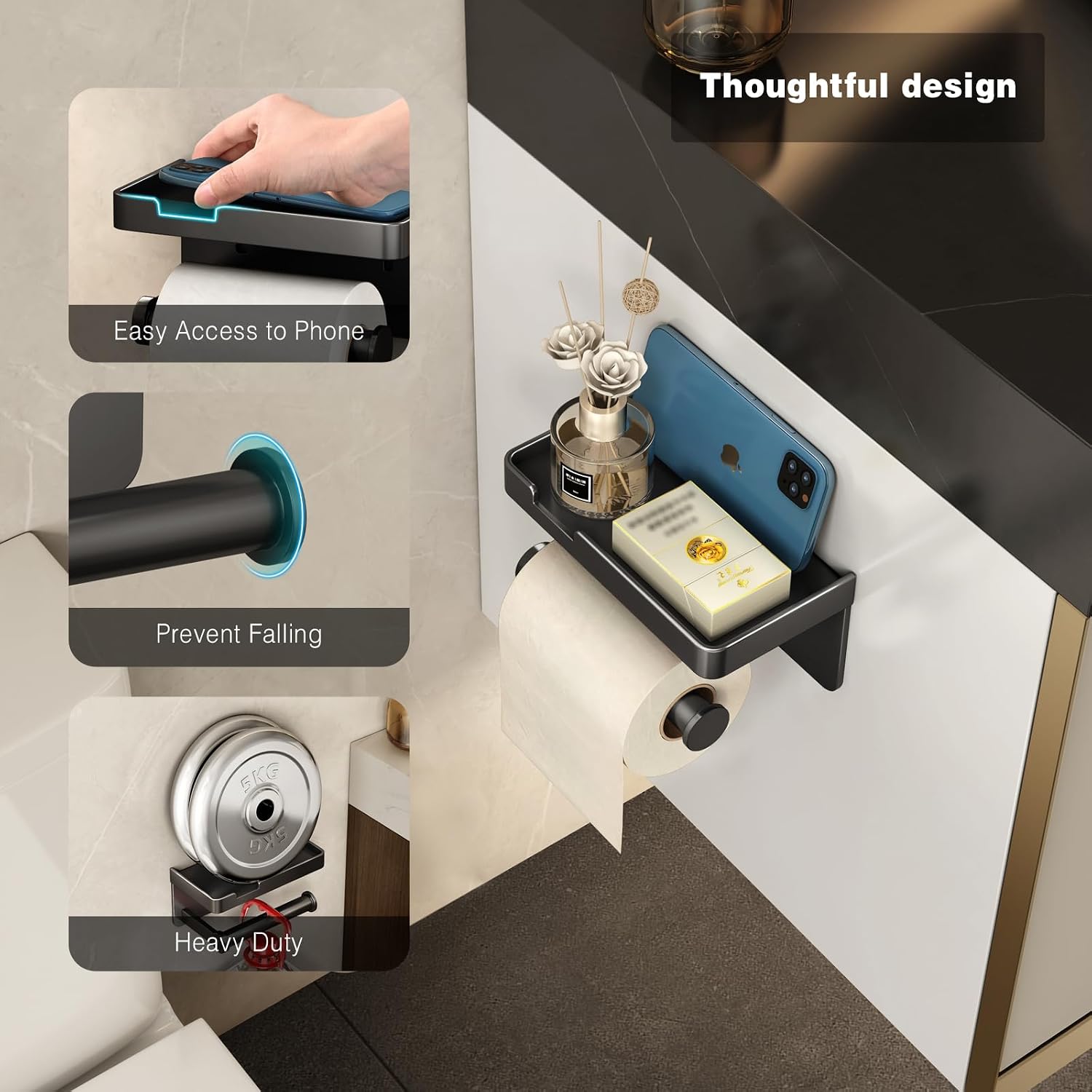 Thumbnail 1 de VOLDRA Toilettenpapierhalter ohne Bohren mit Ablage – selbstklebend oder schraubbar, matt schwarz