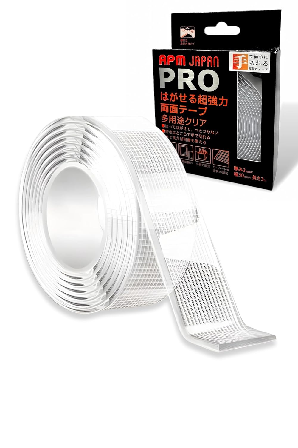Detalle de APMジャパン PRO OACR-300320CLH 手で切れる透明両面テープ 2mm厚・幅3cm・長さ3m