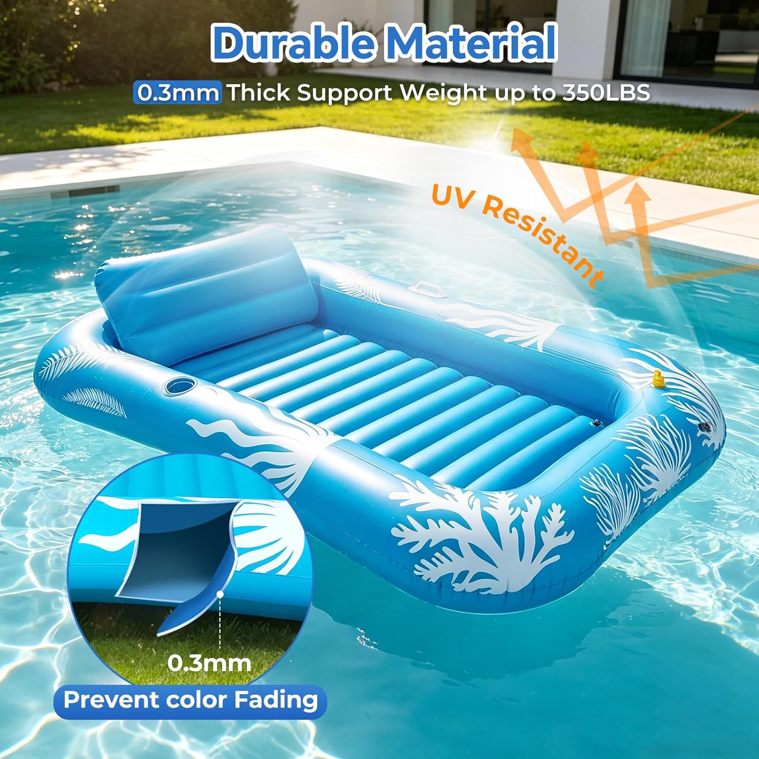 Thumbnail 6 de Inflatable Tanning Pool Lounger Float with Sprinkler — 6-in-1 Suntan Tub Raft for Adults (71" x 47.3"), Drink Holder & Pillow