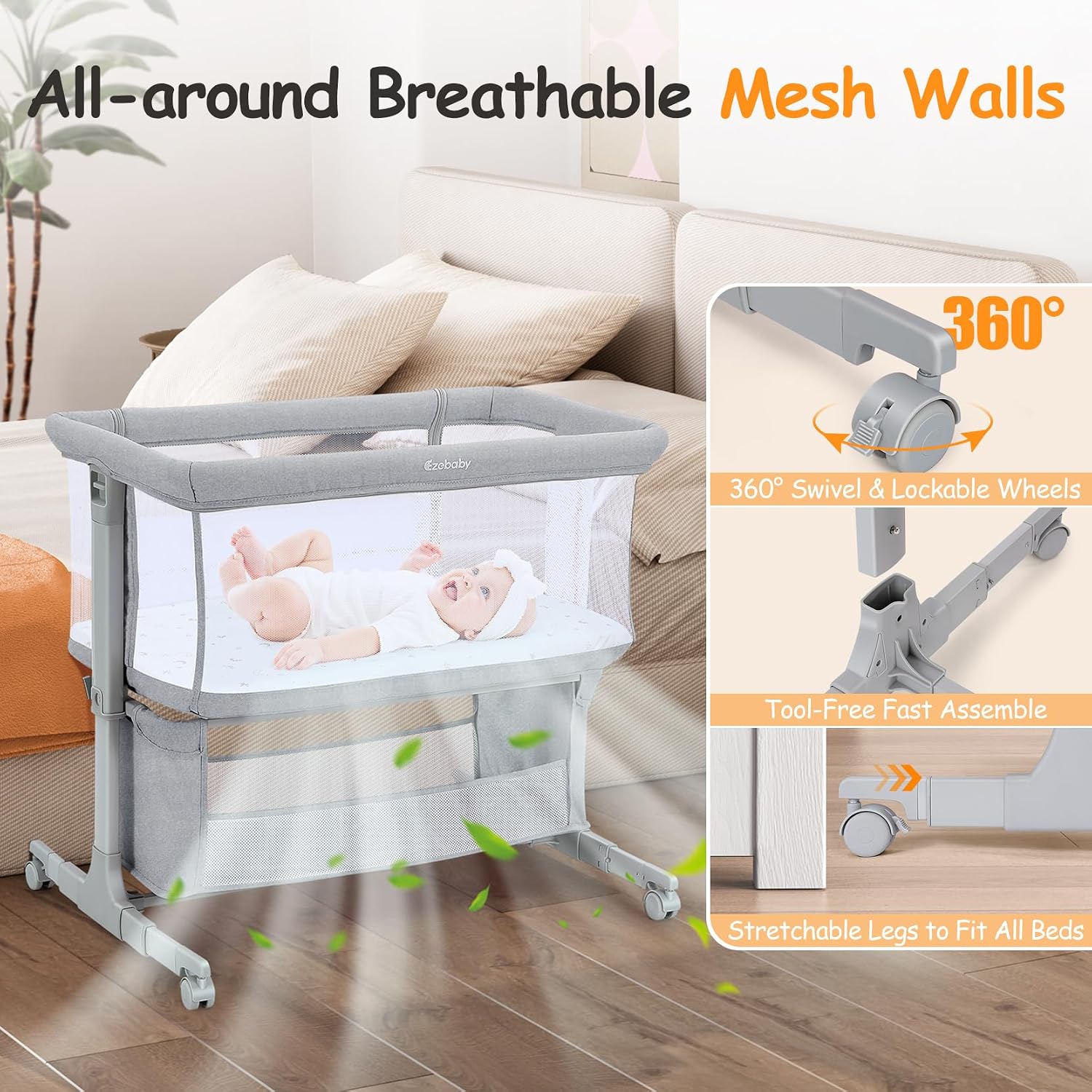 Detalle de Ezebaby Bedside Bassinet, 7 Height Settings