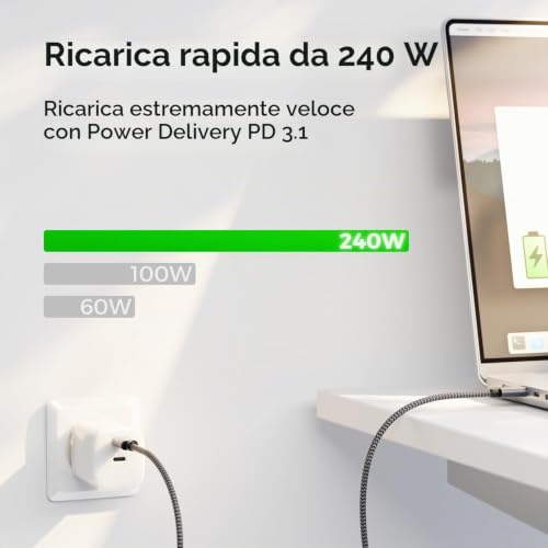 Detalle de deleyCON 240W USB-C Cavo PD 3.1: ricarica rapida e trasferimento affidabile (2x 1m)