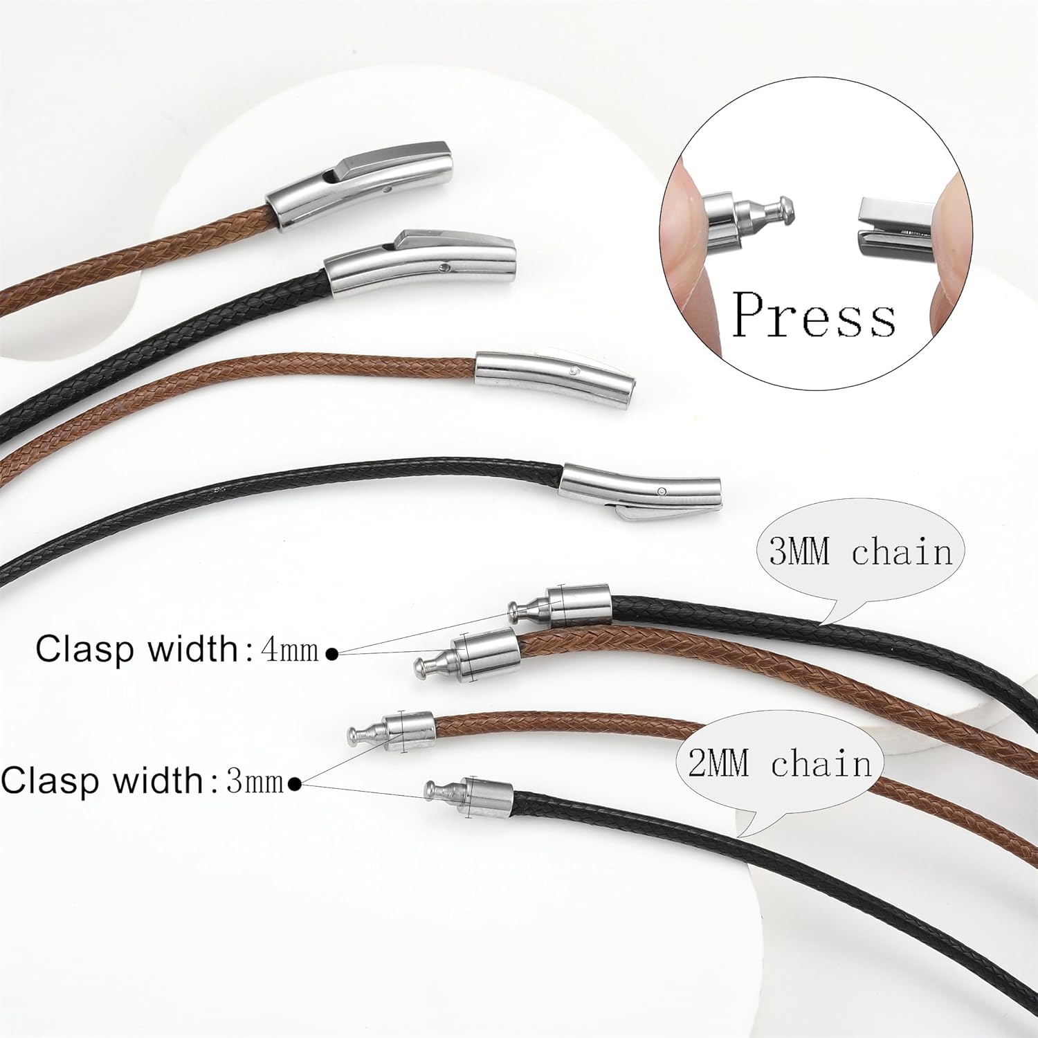 Detalle de RWQIAN Lederkette Herren 2/3 mm Leder Halskette mit Druckverschluss – Schwarz/Braun, 46–76 cm