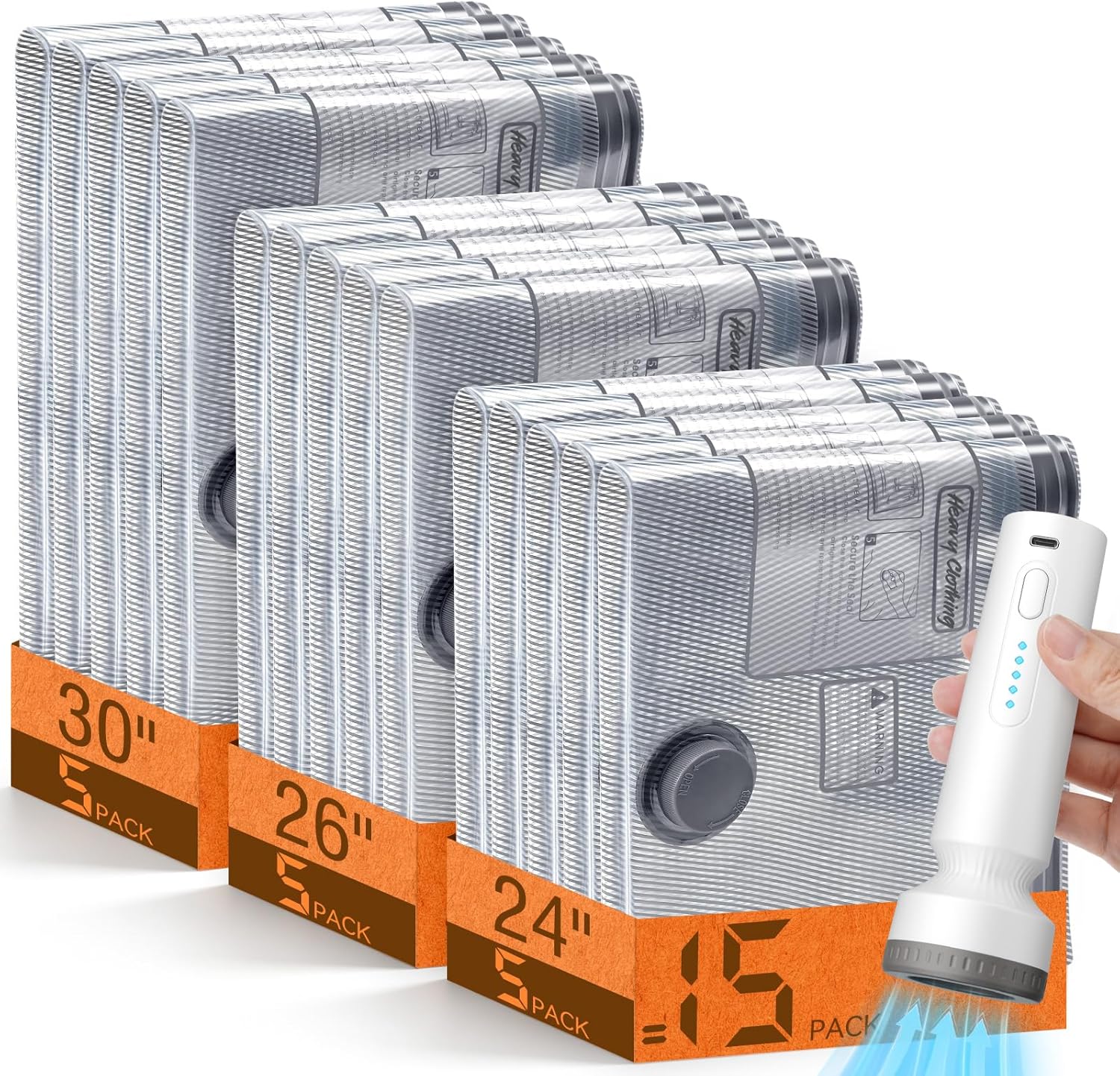 Detalle de 15 Pack Vacuum Storage Bags for Travel with Rechargeable Cordless Pump — Space Saver Set